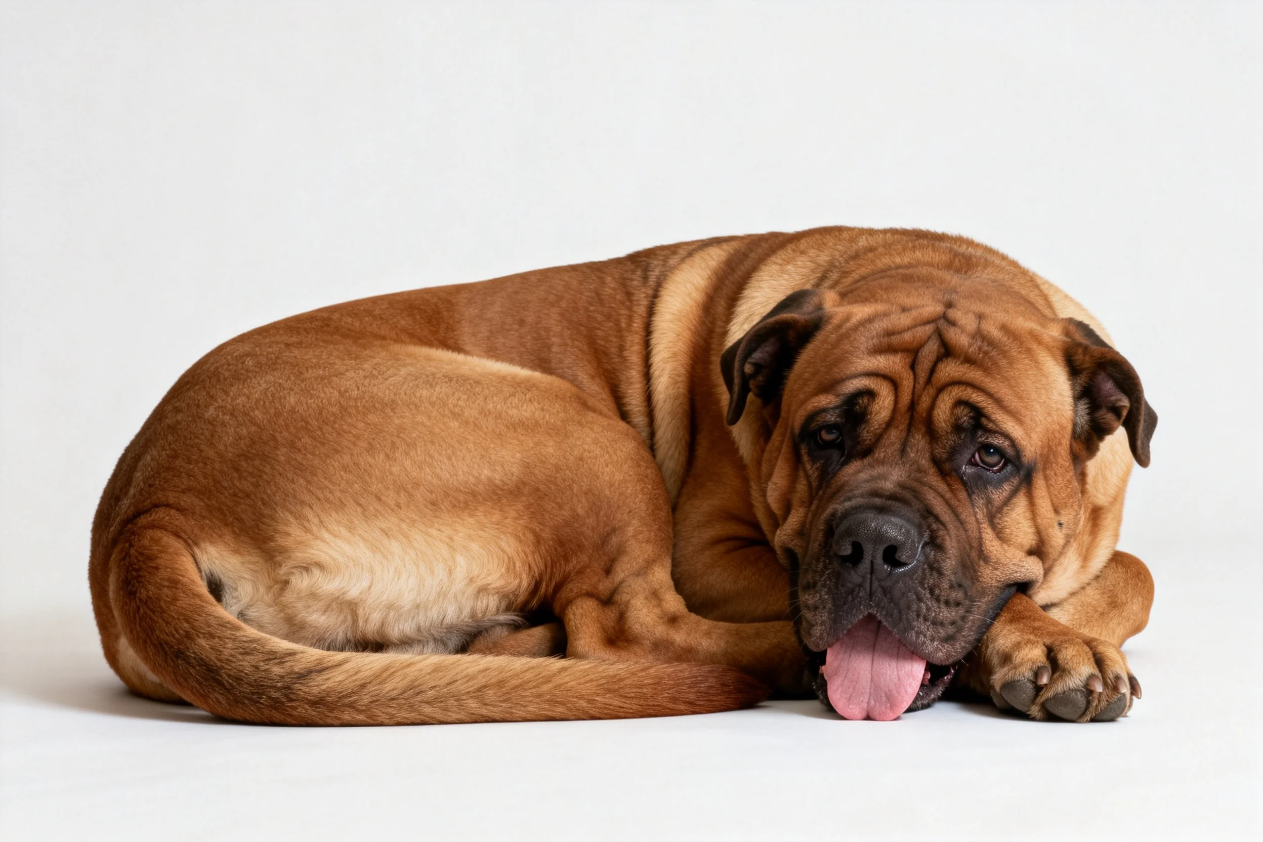 波尔布勒犬安静趴卧,浅粉色舌头外露,浅棕色毛发顺滑。