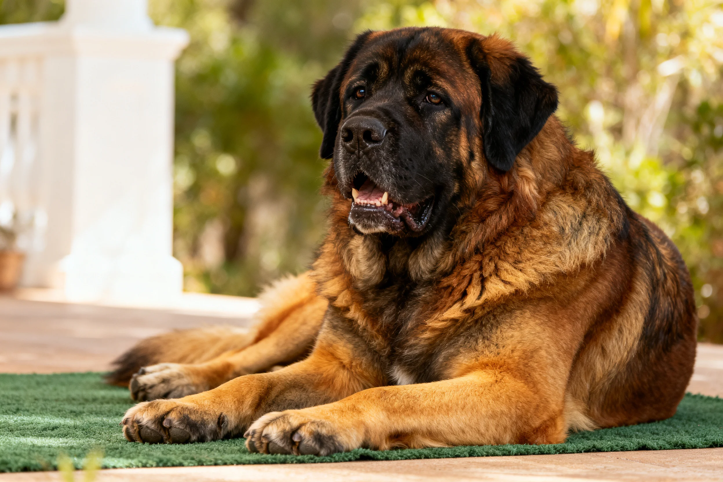 獒犬趴卧在绿色地垫上,浅棕色毛发带有深色斑纹,嘴巴微张姿态放松。