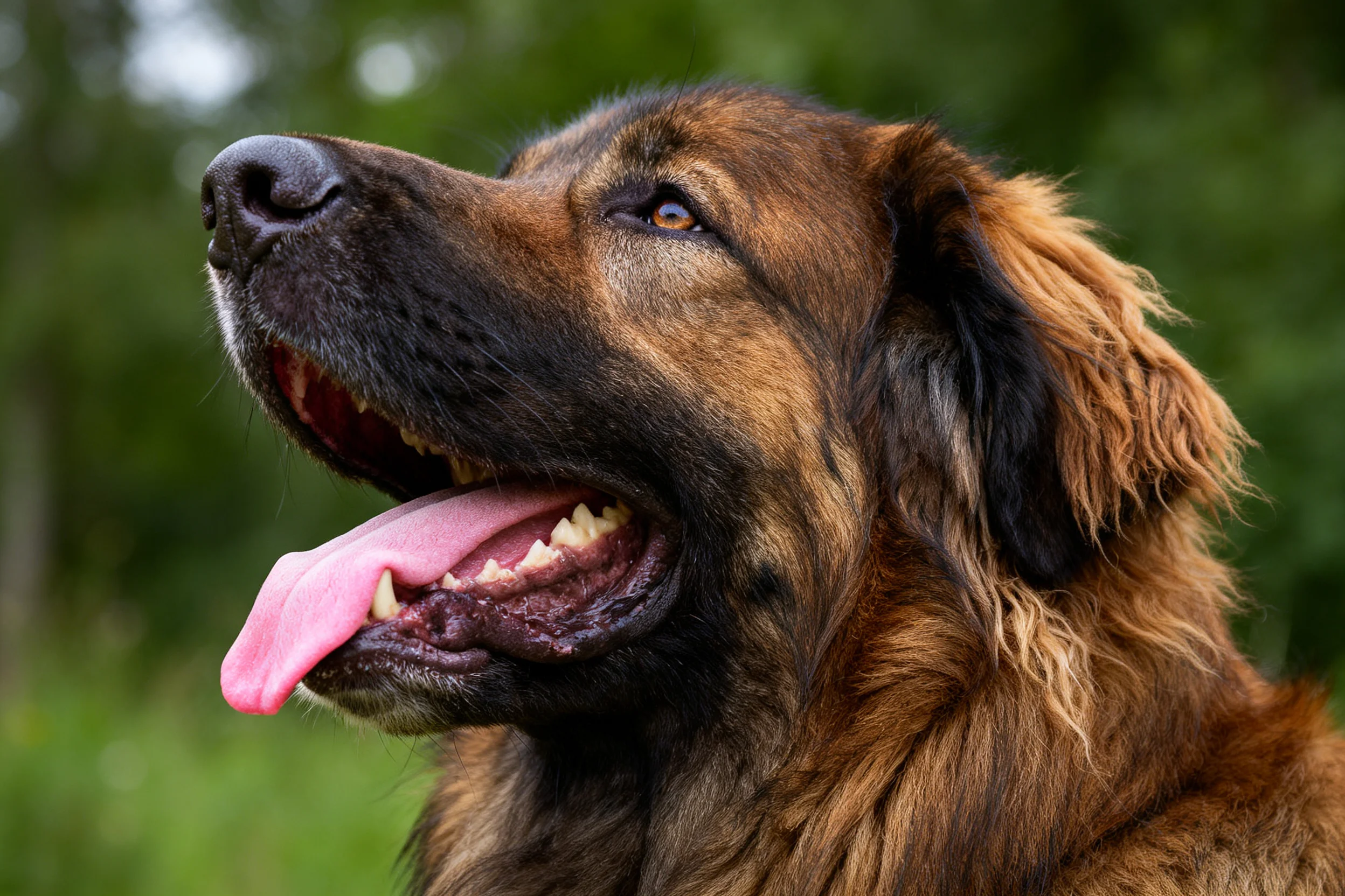 狮王犬有着浓密的棕黑色毛发，嘴巴张开露出粉红色的舌头和牙齿。