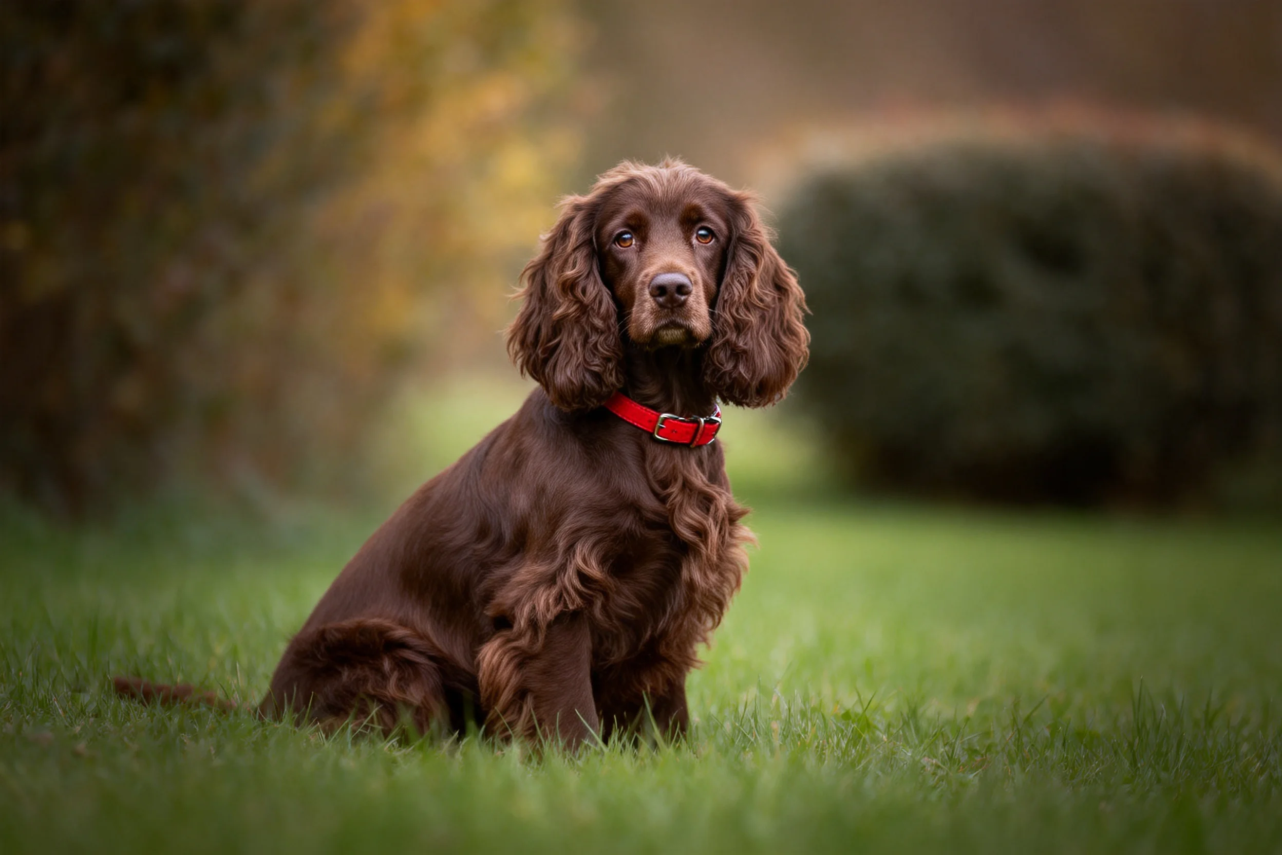 英国可卡犬有着浓密的棕色卷毛，红色项圈清晰可见，安静地坐在草地上。