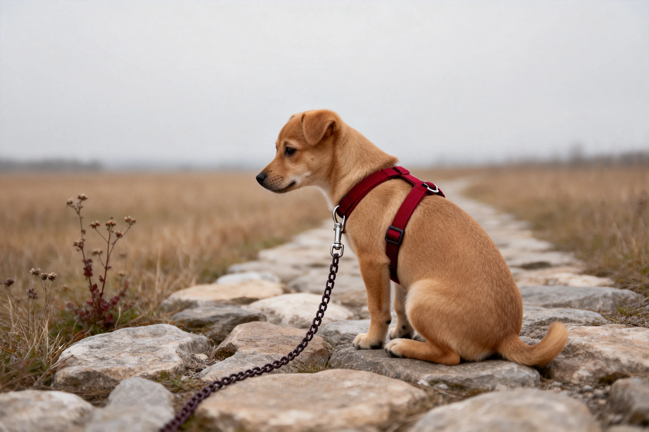 小型混种犬安静坐着,身上红色胸背带清晰可见,浅棕色被毛柔顺贴附身体。