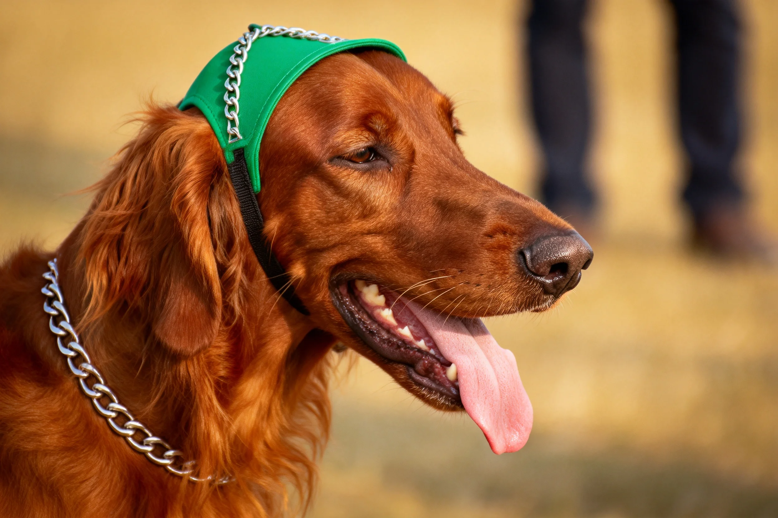 爱尔兰赛特犬戴着绿色头带,舌头伸出来喘气,毛发呈赤褐色。