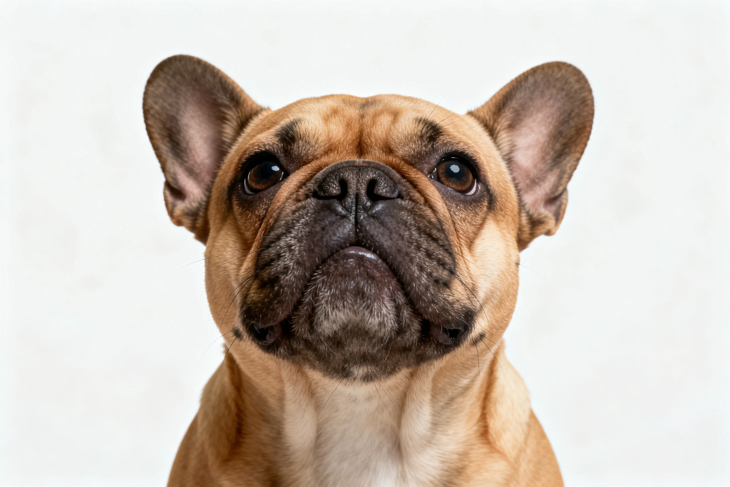 法国斗牛犬特写镜头，浅棕色被毛搭配深色面部斑纹，耳朵竖立状态饱满。