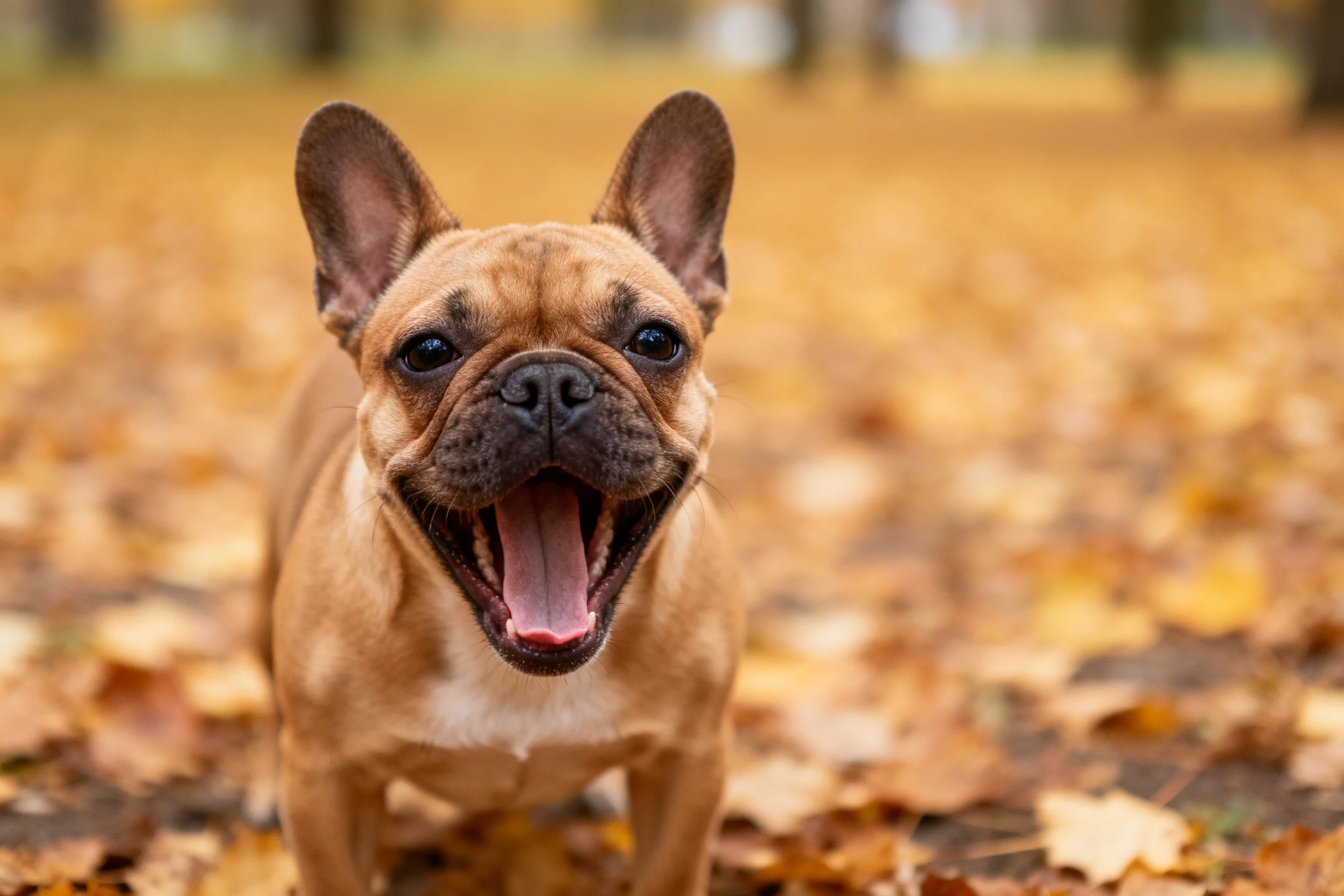 法国斗牛犬嘴巴大张，舌头清晰可见，身处满是落叶的户外环境中。