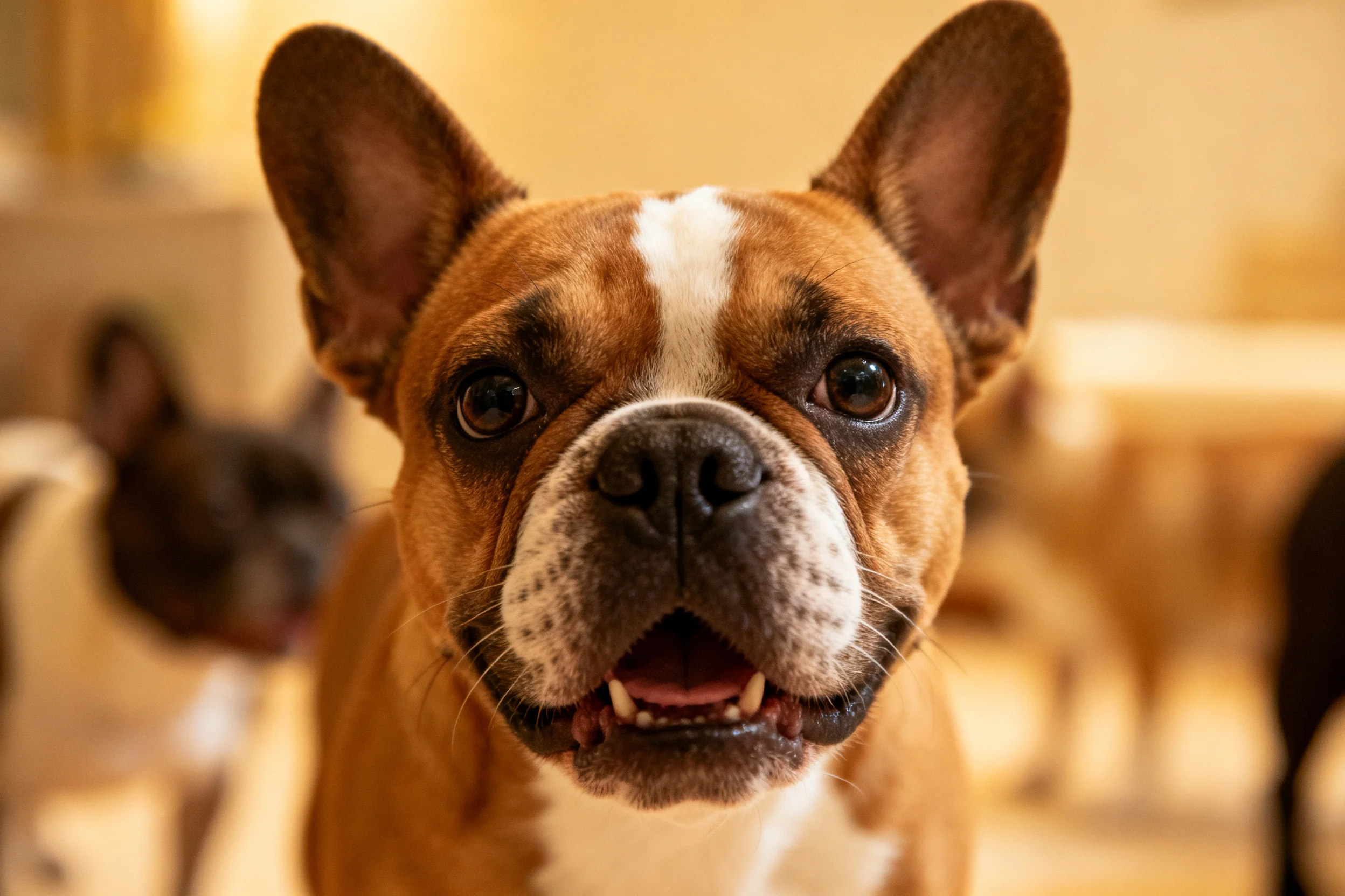 法国斗牛犬有着棕白相间的被毛,面部有黑色斑纹,嘴巴张开露出牙齿,眼神专注看向镜头。