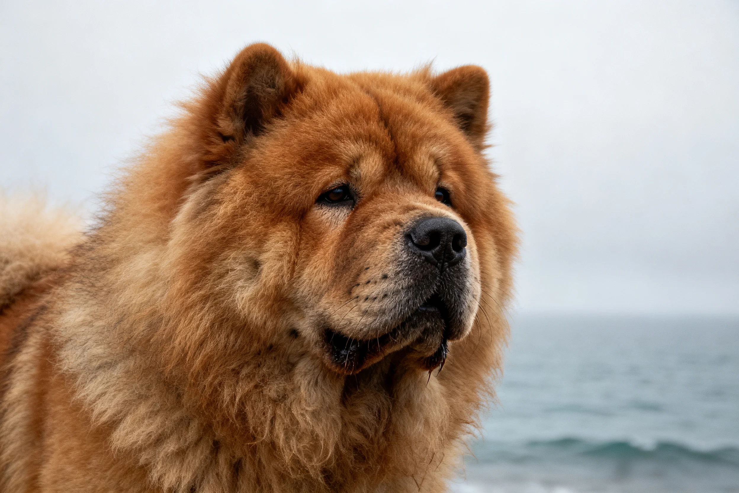 松狮犬有着浓密的红棕色毛发,黑色的鼻头清晰可见,处于海边环境。