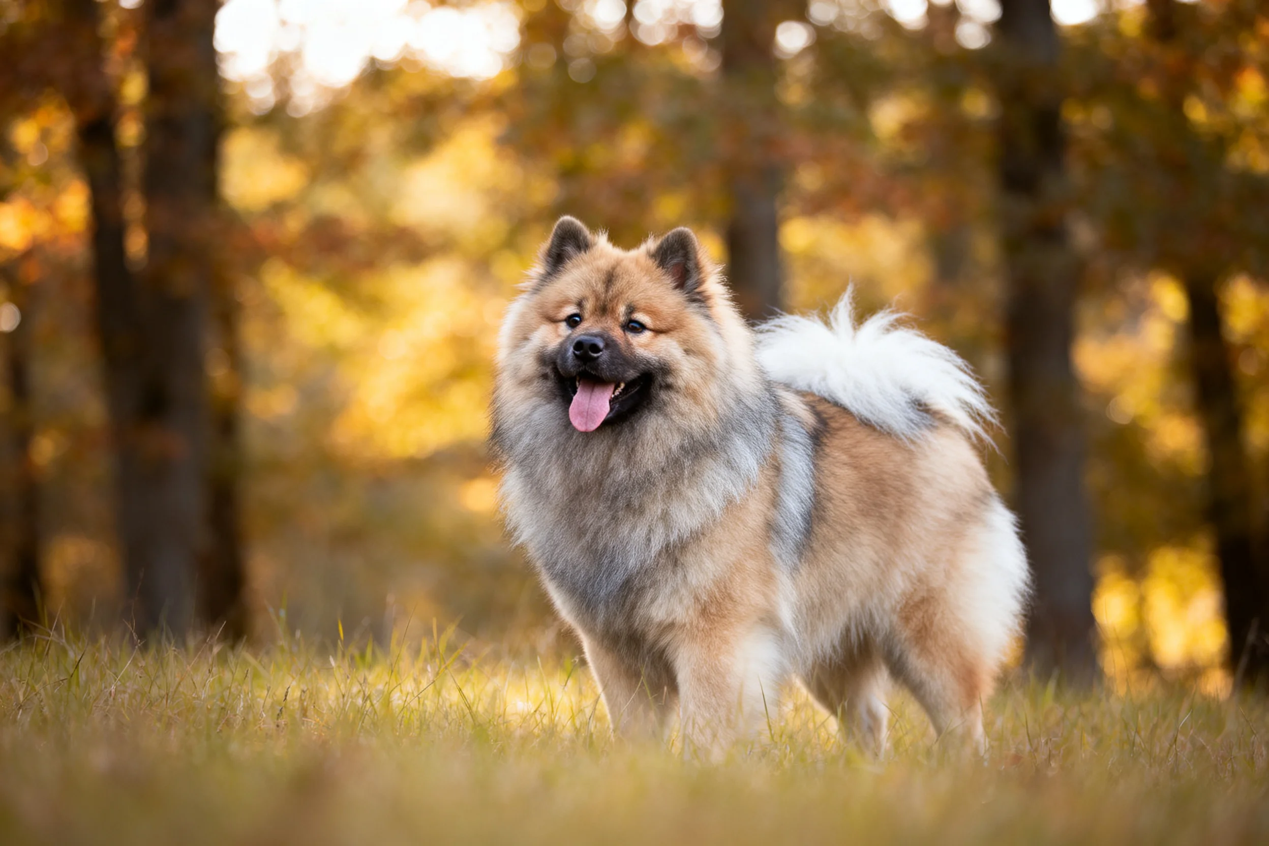 凯利蓝梗犬张开嘴巴露出粉红色舌头,毛发蓬松且带有浅棕色与白色的混合色。