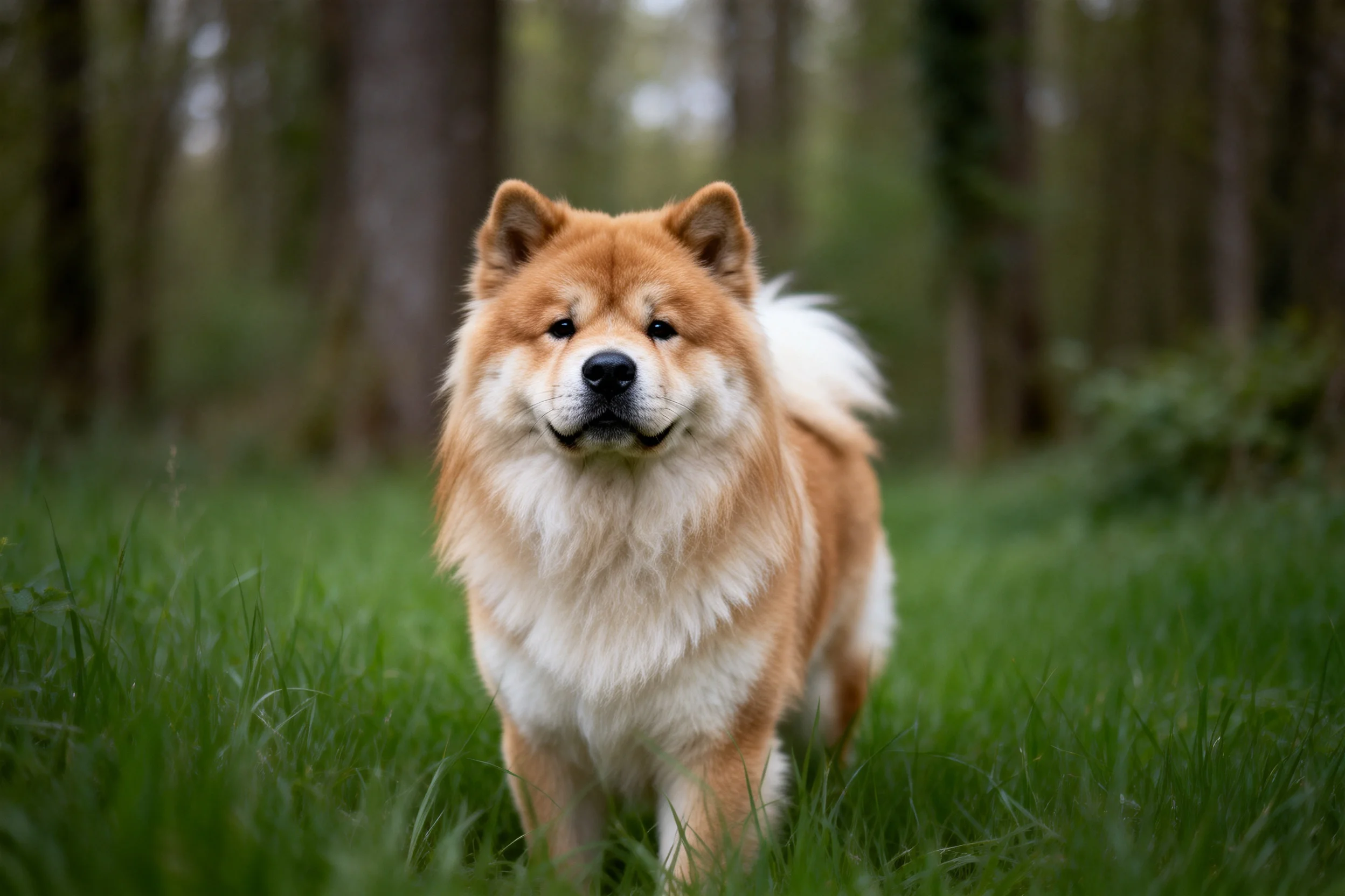 柕白色的柴犬站在茂密的草丛中,蓬松浅棕色的毛发在光线下显得柔软,黑色的鼻尖清晰可见。