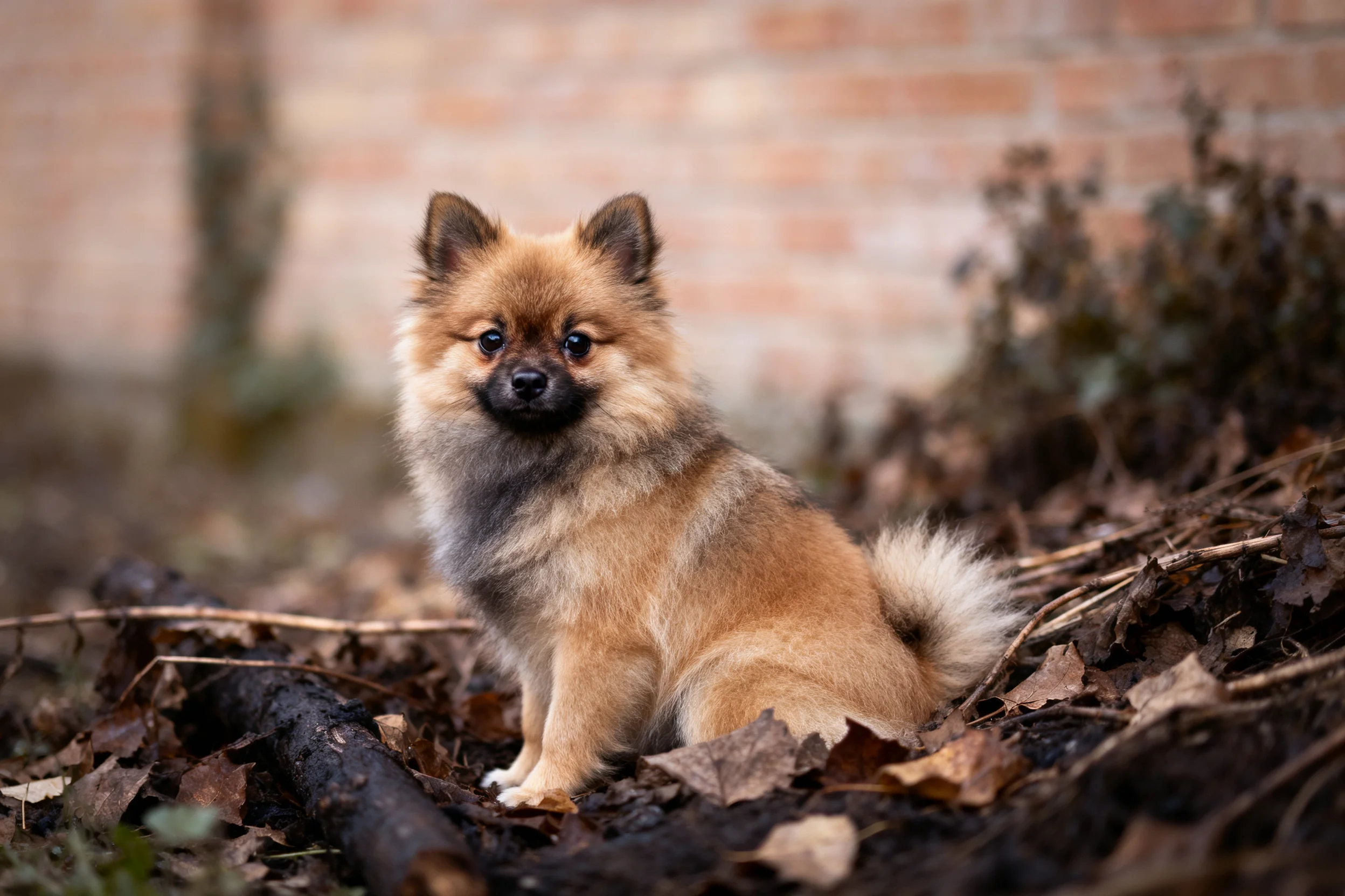 博美犬红棕色蓬松毛发,安静地坐在满是落叶的地面区域中。
