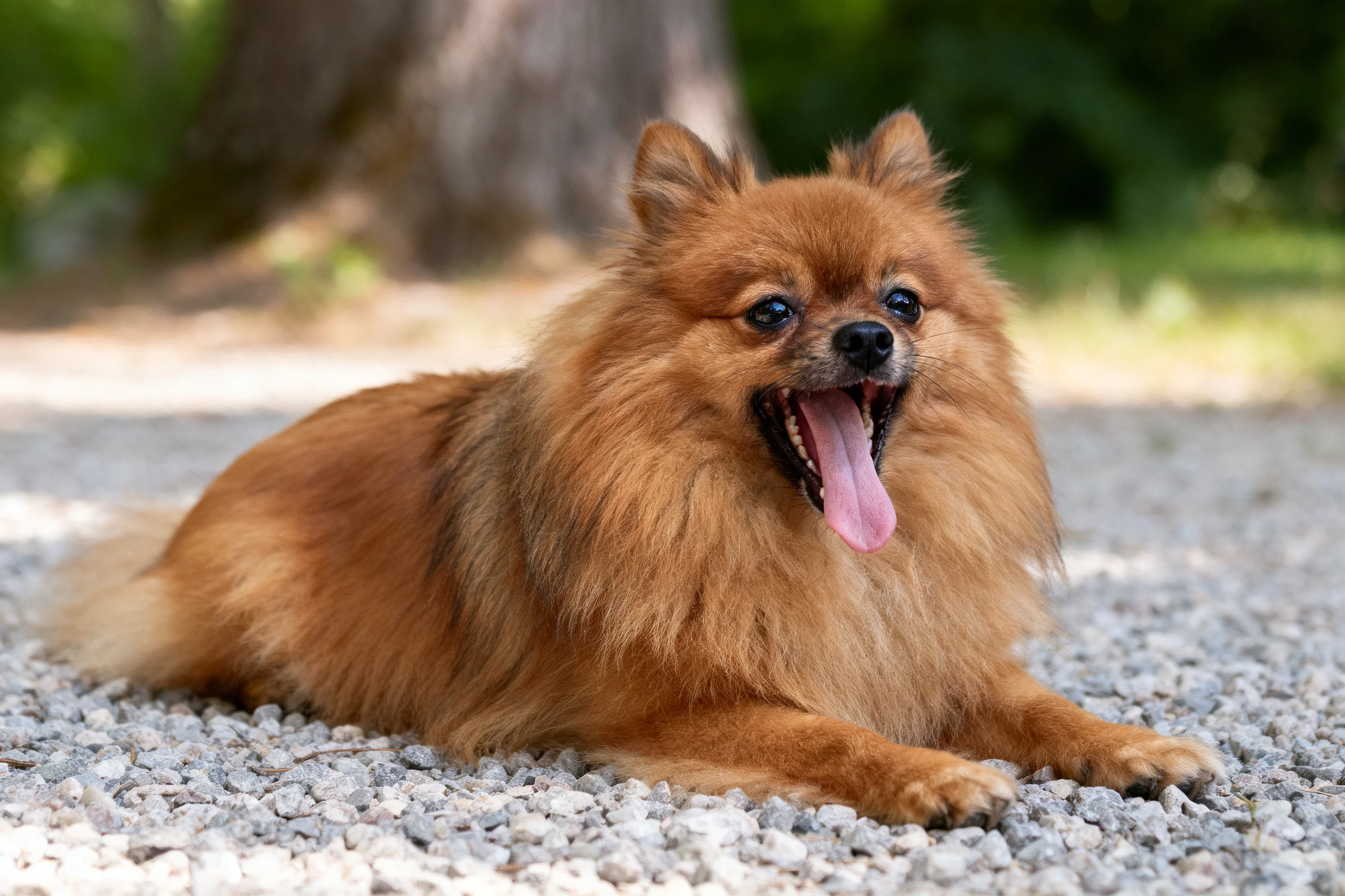 户外碎石路面上一只博美犬,它有着蓬松的棕红色毛发,嘴巴张开露出粉红色的舌头。