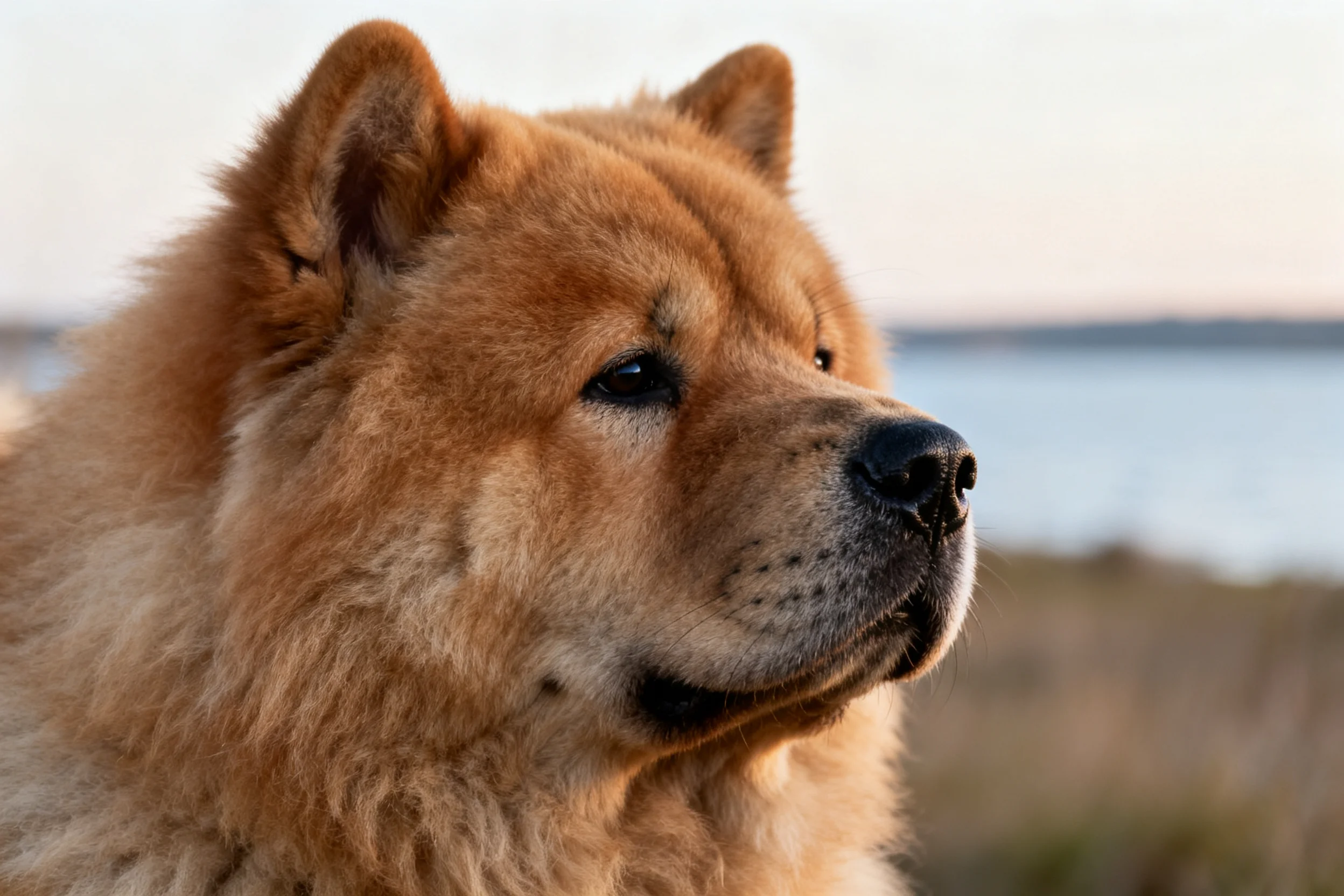 一只红棕色毛发浓密的柴犬，黑色鼻头，面向远处水域方向。