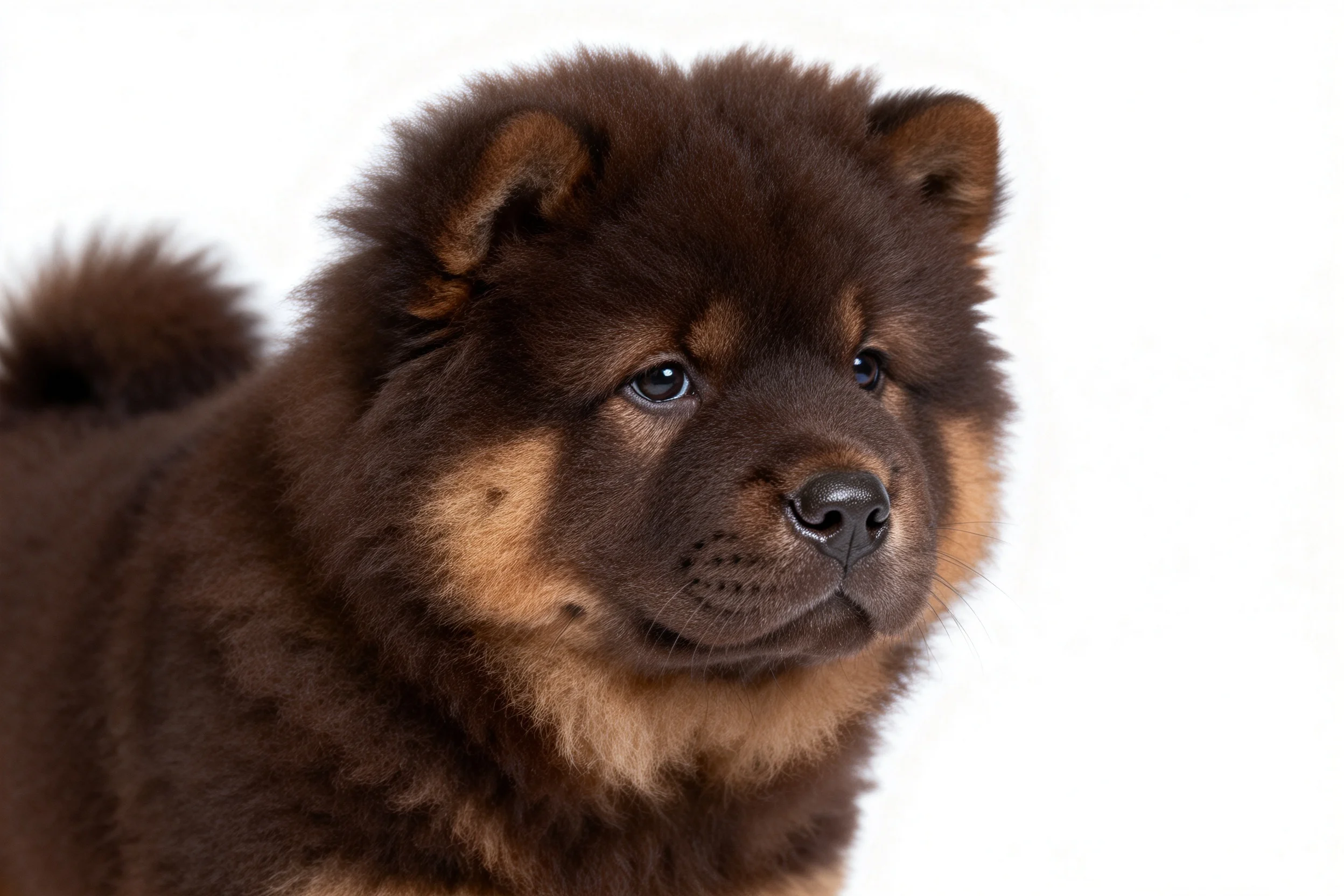 一只毛色棕黑的狆犬幼崽,浓密卷曲的毛发覆盖全身,黑色的鼻头清晰可见。