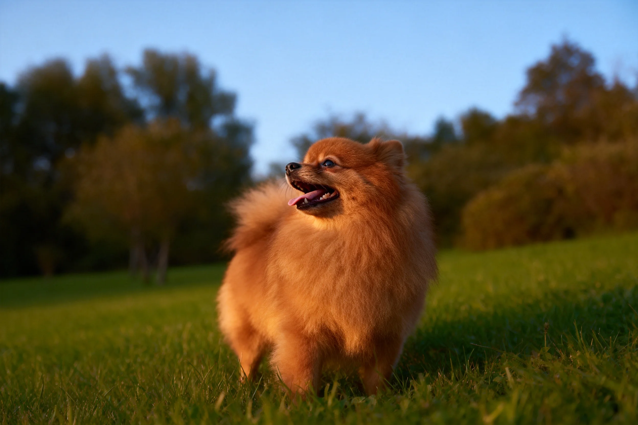 博美犬毛发蓬松,暖金色阳光照射下显得格外柔软,嘴巴张开露出牙齿。