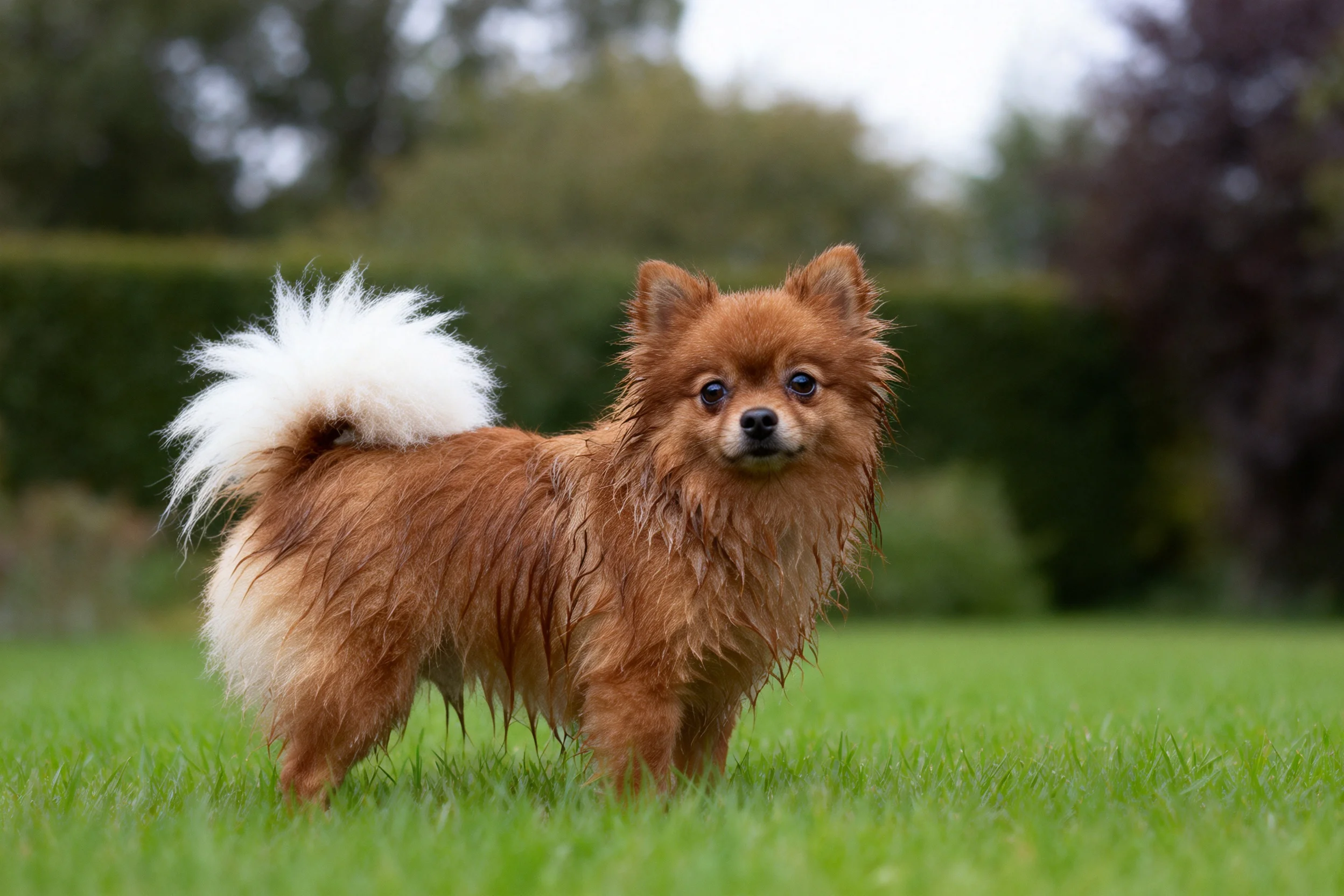 一只博美犬站在草地上,其毛发湿润且蓬松,眼睛明亮注视前方。
