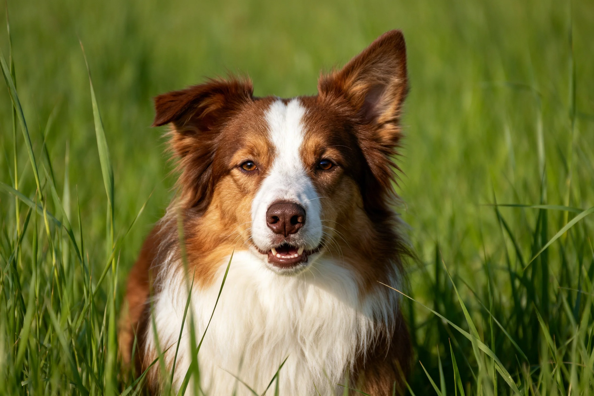 边境牧羊犬红白相间的被毛,耳朵竖立,目光注视前方,毛发蓬松贴在前额的细节清晰可见。
