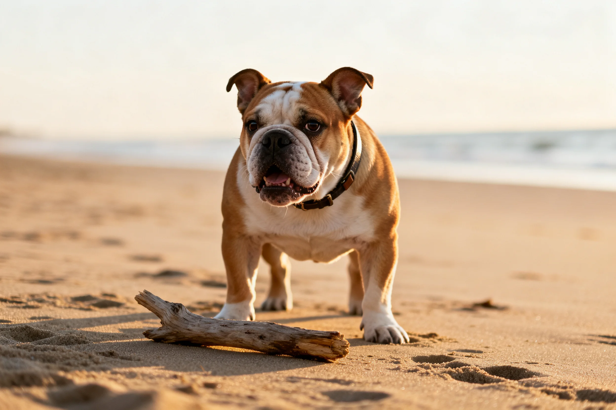 英国斗牛犬目光聚焦沙滩上的枯木,浅棕与白色相间的被毛在阳光下清晰可见。