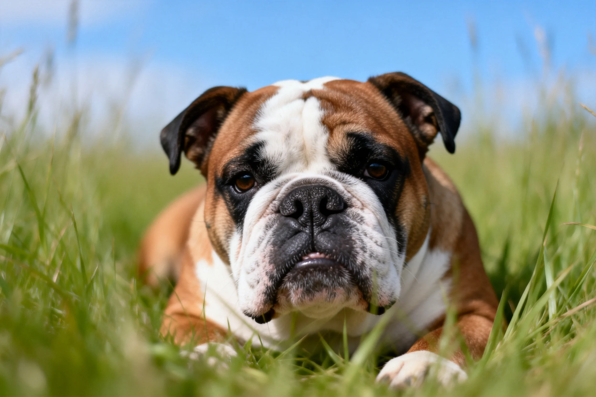 英国斗牛犬安静趴卧在草地上,面部有明显的褶皱和棕白相间的毛色分布。