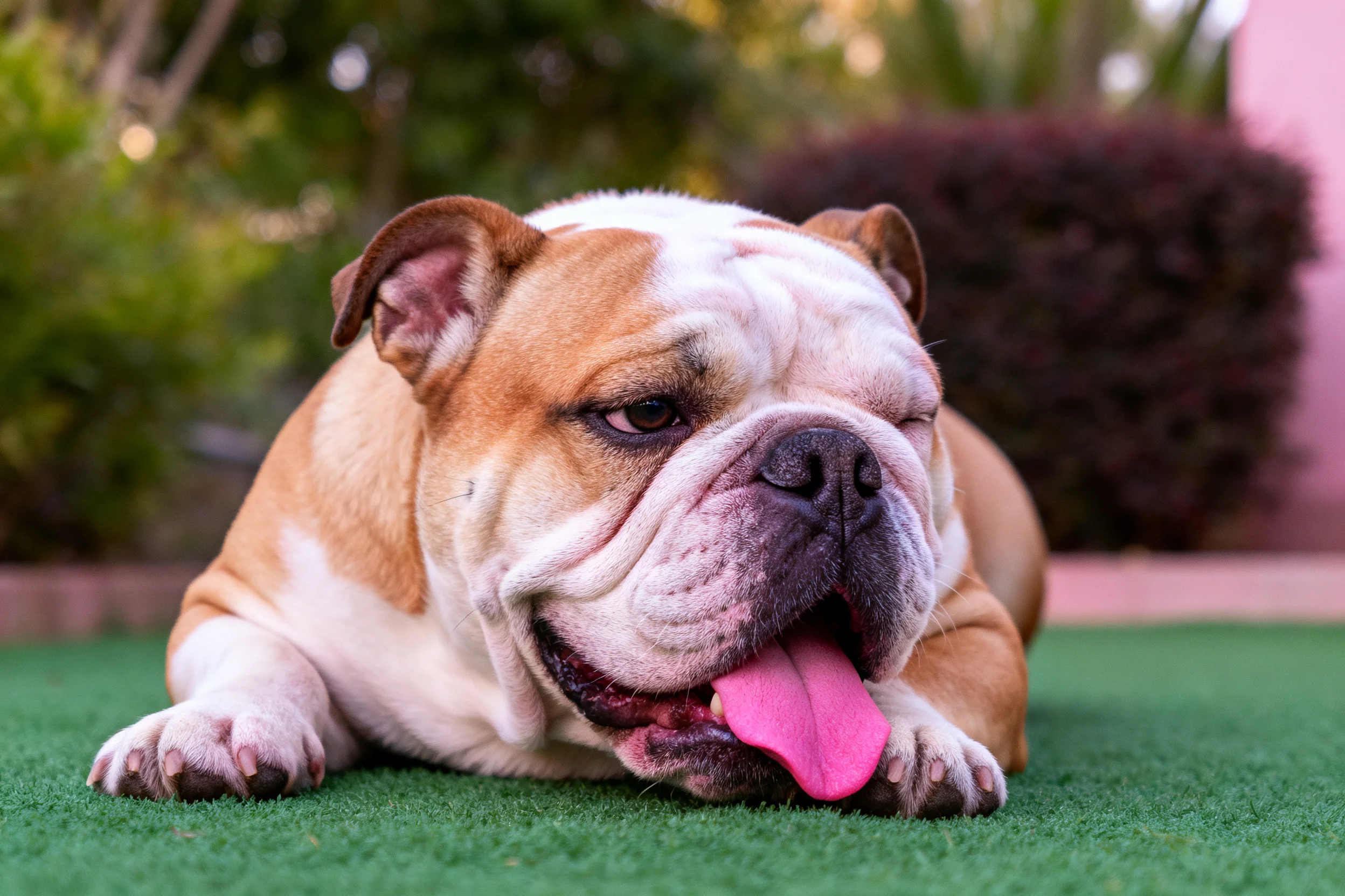 英国斗牛犬趴卧在绿色草坪上,粉红色舌头伸出,面部有褶皱纹理。