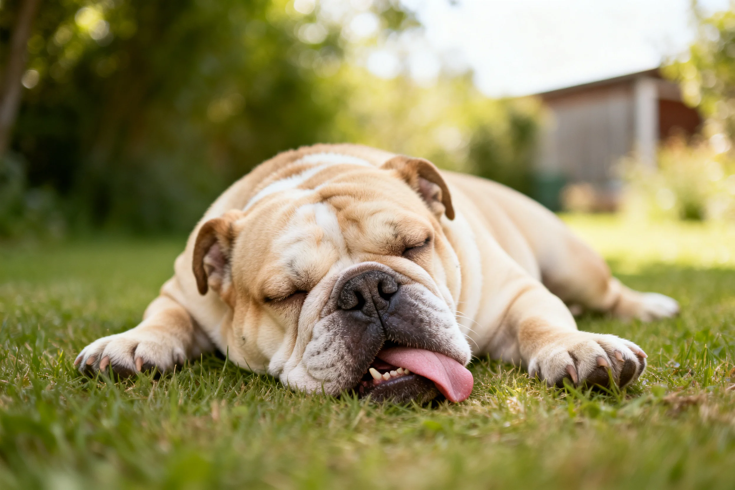 英国斗牛犬趴在草地上,粉红色舌头伸出来,浅棕色毛发带有明显褶皱。