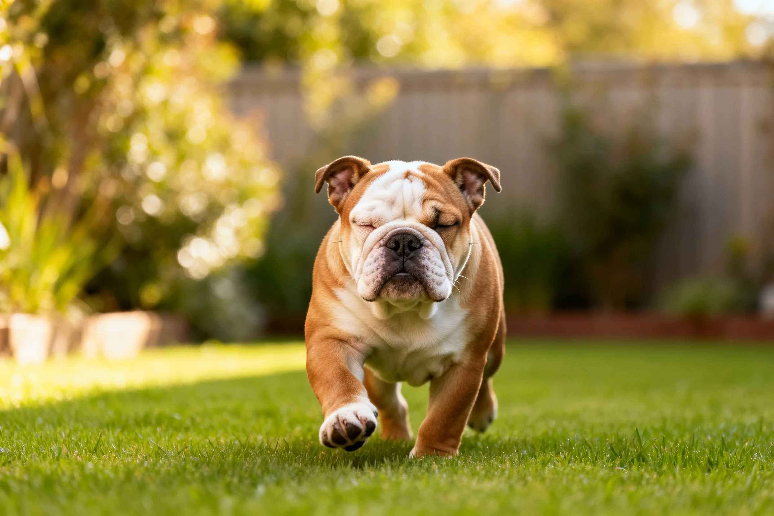 一只英国斗牛犬,浅棕色与白色相间的被毛,正以侧身姿态在草地上奔跑。