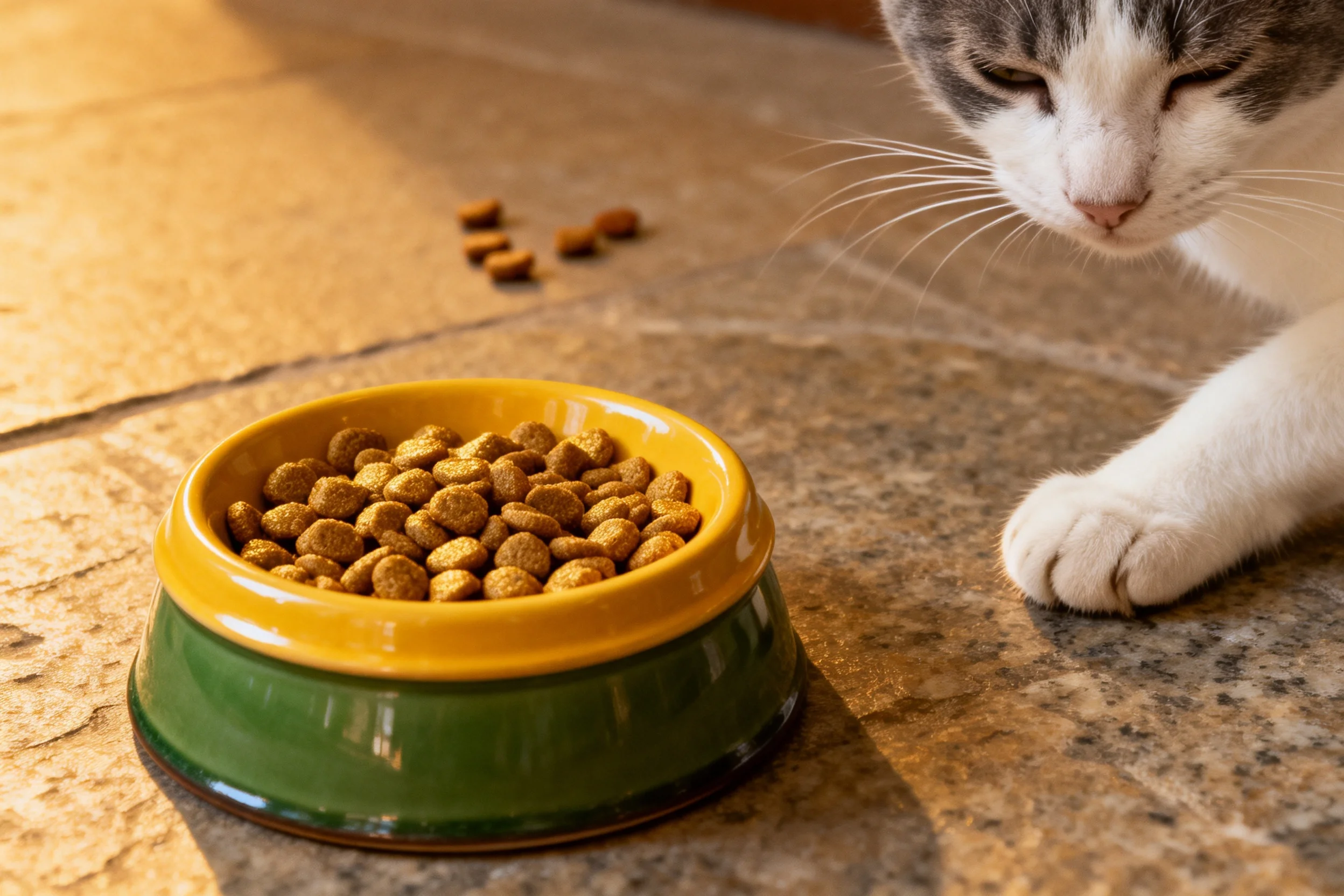 灰白短毛家猫正靠近食盆,前爪放松,食盆内的猫粮为金黄色颗粒状。