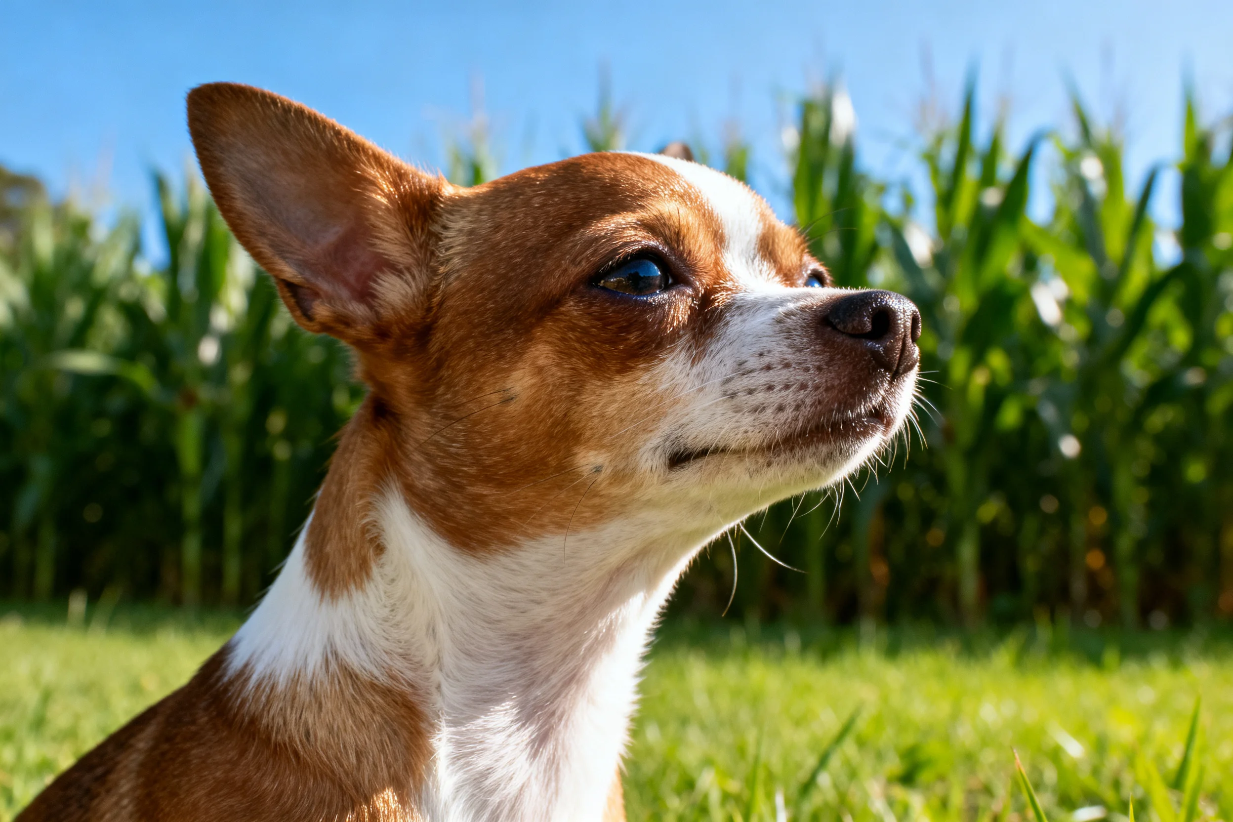 一只吉娃娃犬,棕白相间的被毛,耳朵竖立,目光看向远处的高大玉米植株。