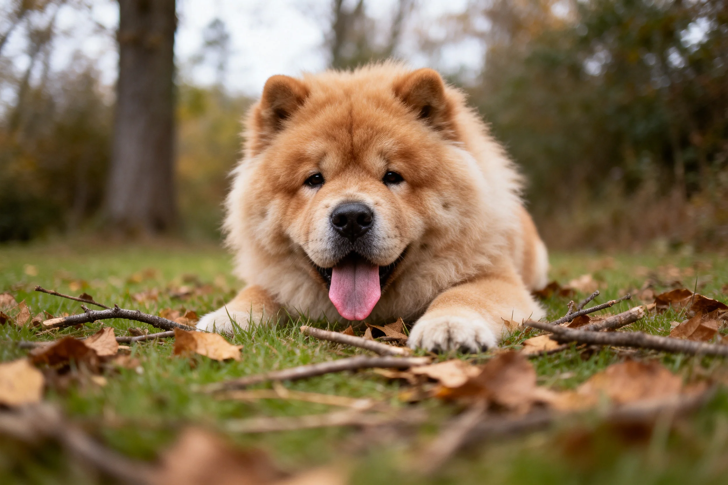 松狮犬安静地趴在草地上,浅棕色蓬松毛发,粉红色舌头伸出,周围散落着枯树枝和树叶。