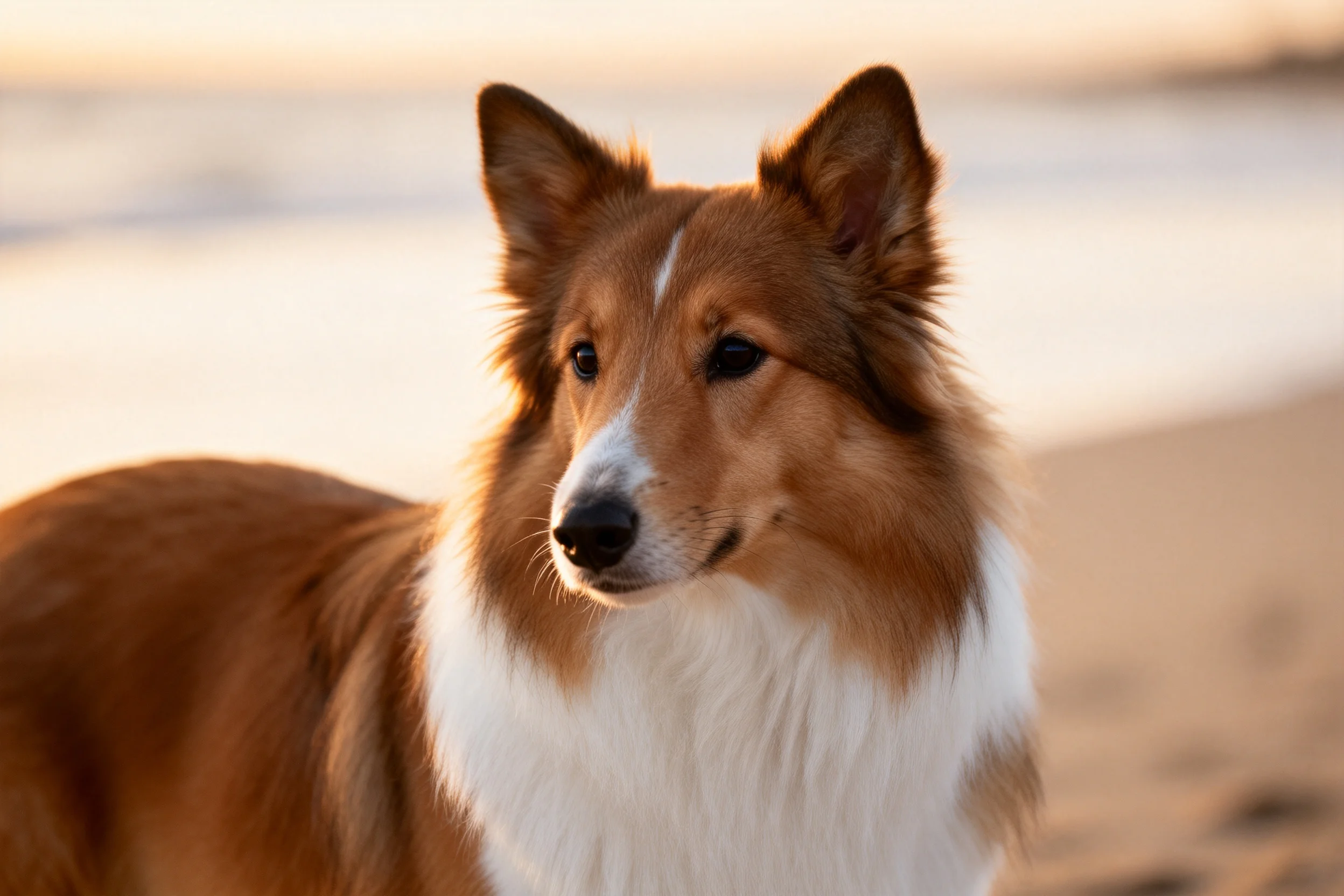 苏格兰牧羊犬的红棕色与白色相间毛发在夕阳下显得格外柔软,耳朵微微向上立起。