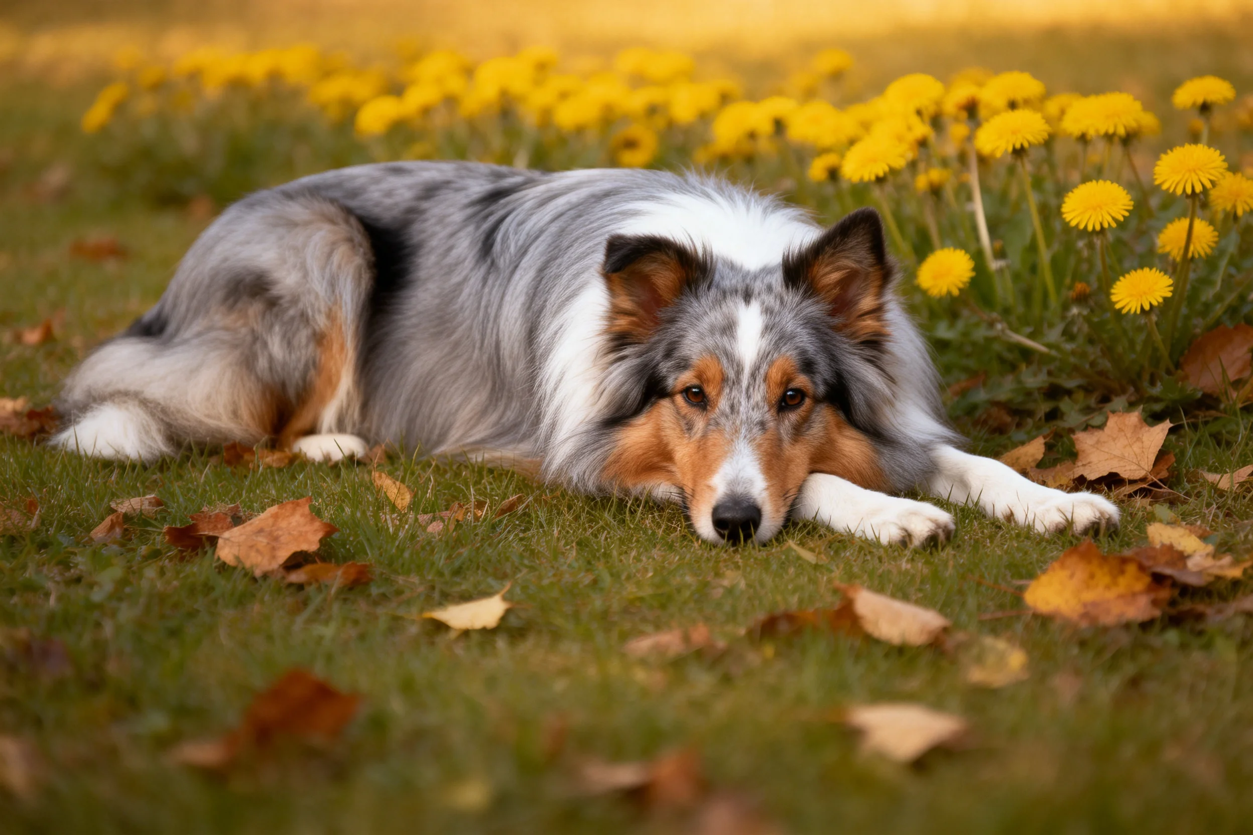 三色设得兰牧羊犬趴在草地上,灰白棕相间的毛发柔软,周围是黄色的蒲公英和枯叶。
