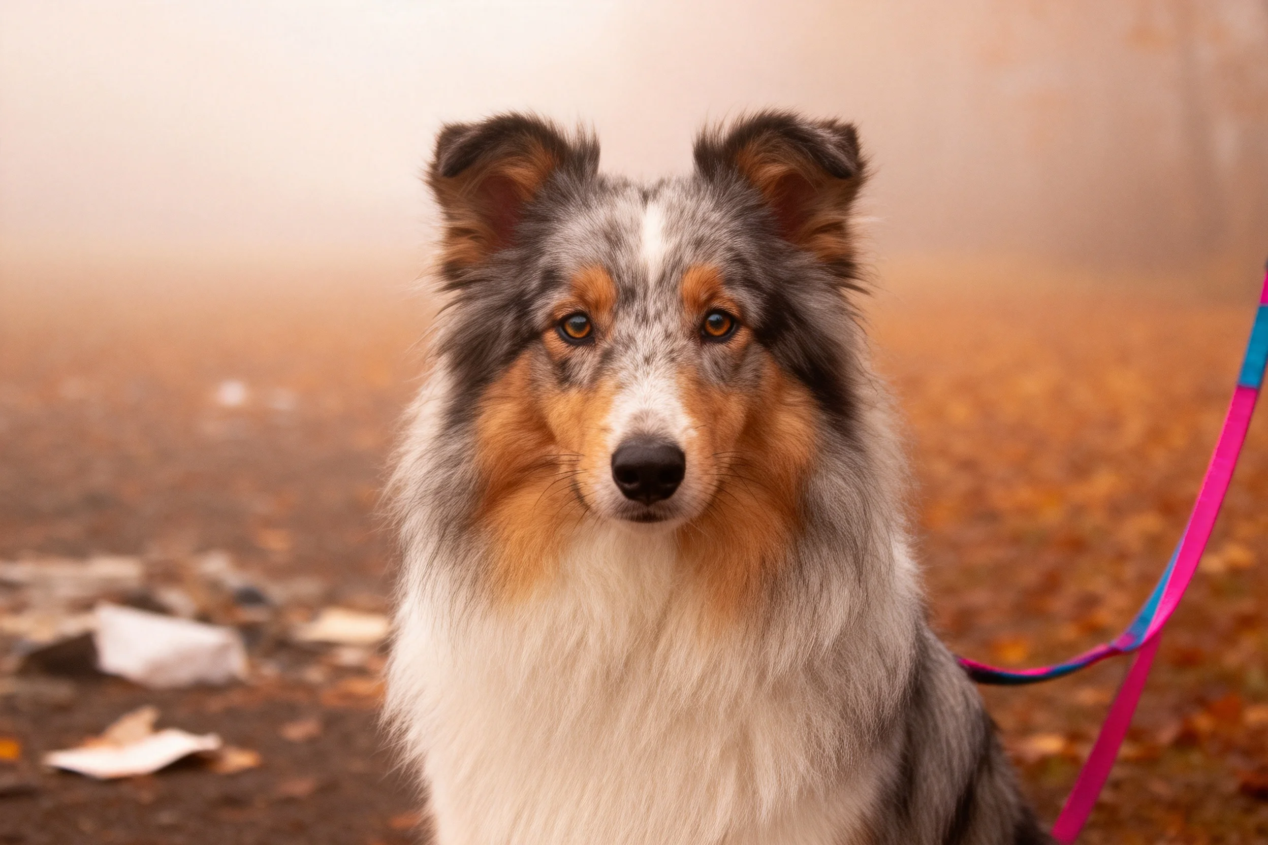 一只设得兰牧羊犬,毛发灰白棕相间,安静地站立在雾气笼罩的户外环境中,耳朵竖起,眼神专注。