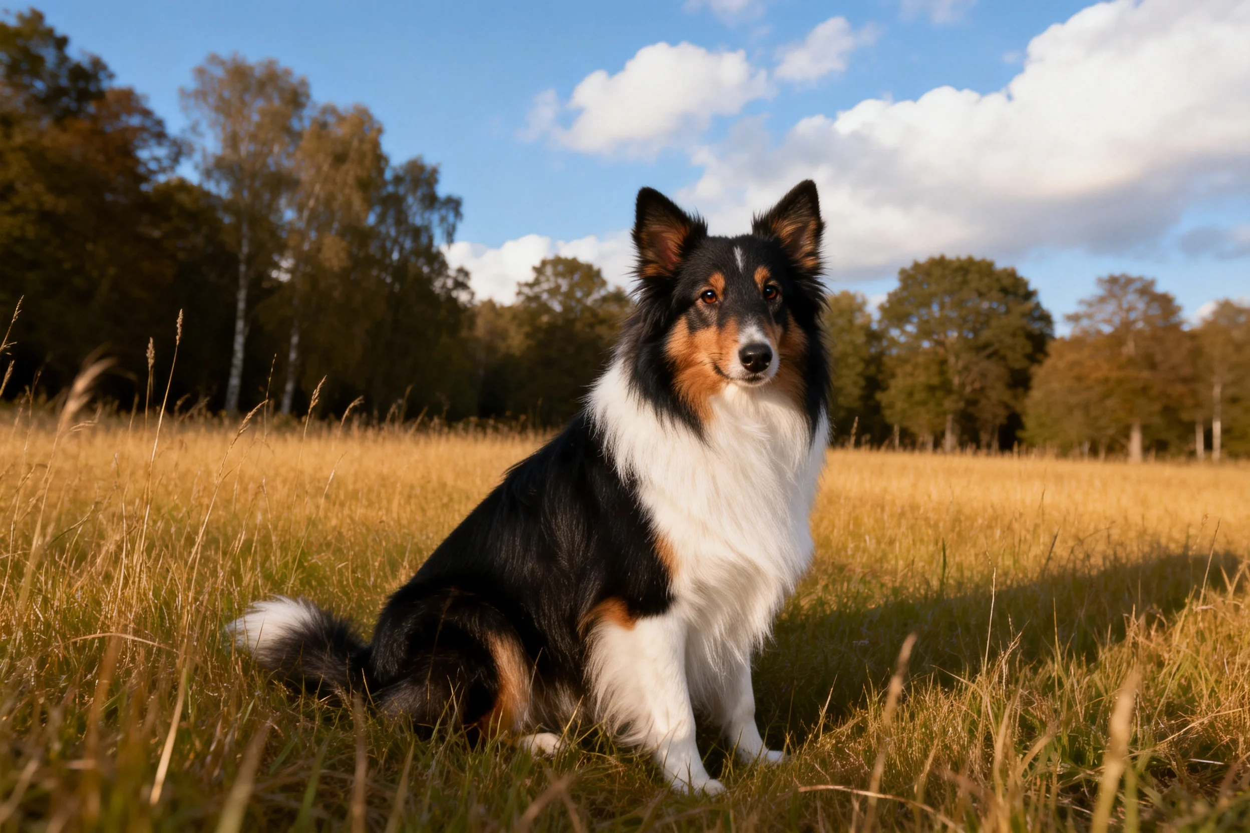 设得兰牧羊犬目光专注凝视前方,黑、白、棕相间的毛发在阳光下清晰可见。