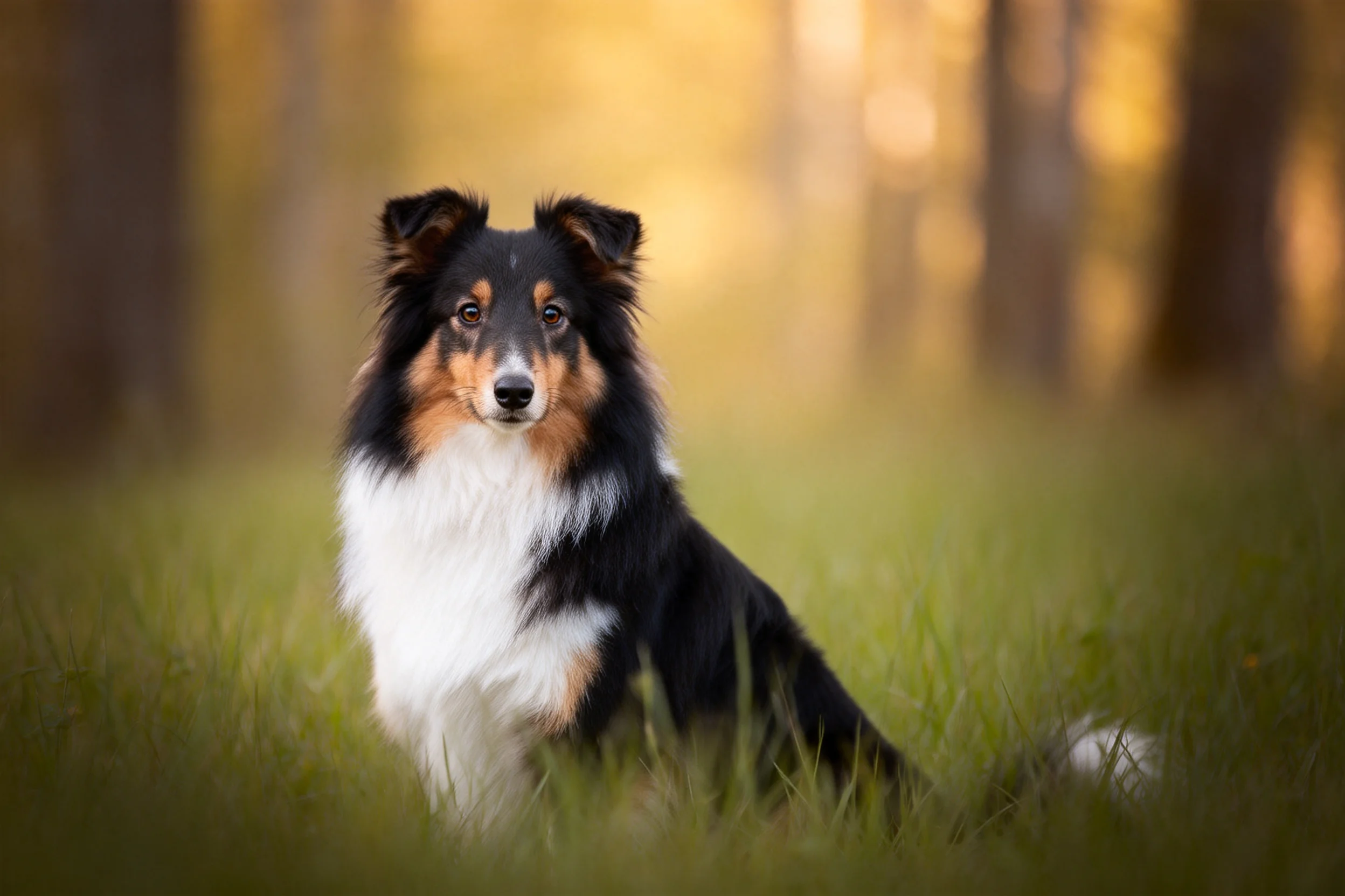 三色苏格兰牧羊犬有着黑色、白色和棕色的毛发,蓬松湿润的被毛贴附在身体上。