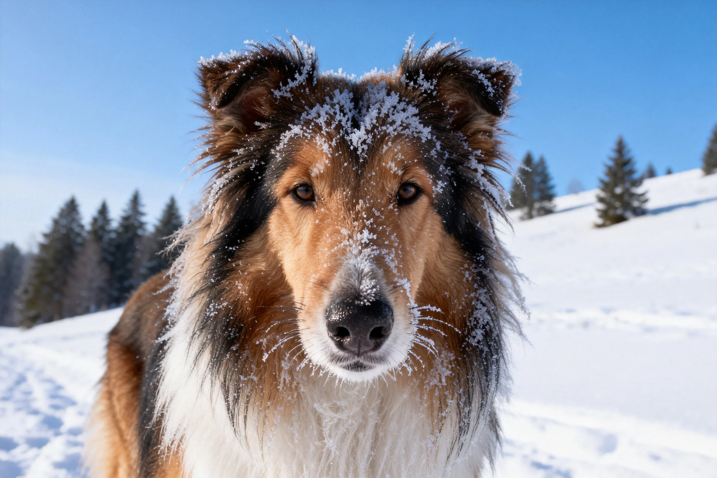 苏格兰牧羊犬站在雪地上,毛发上沾有雪花,耳朵和面部特征清晰可见。