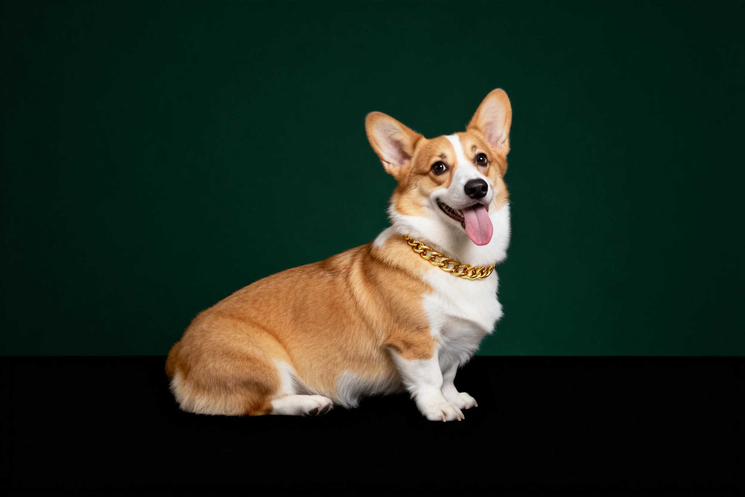 柯基犬嘴巴张开露出粉红色舌头，佩戴金色项圈，毛发呈棕白相间状态。
