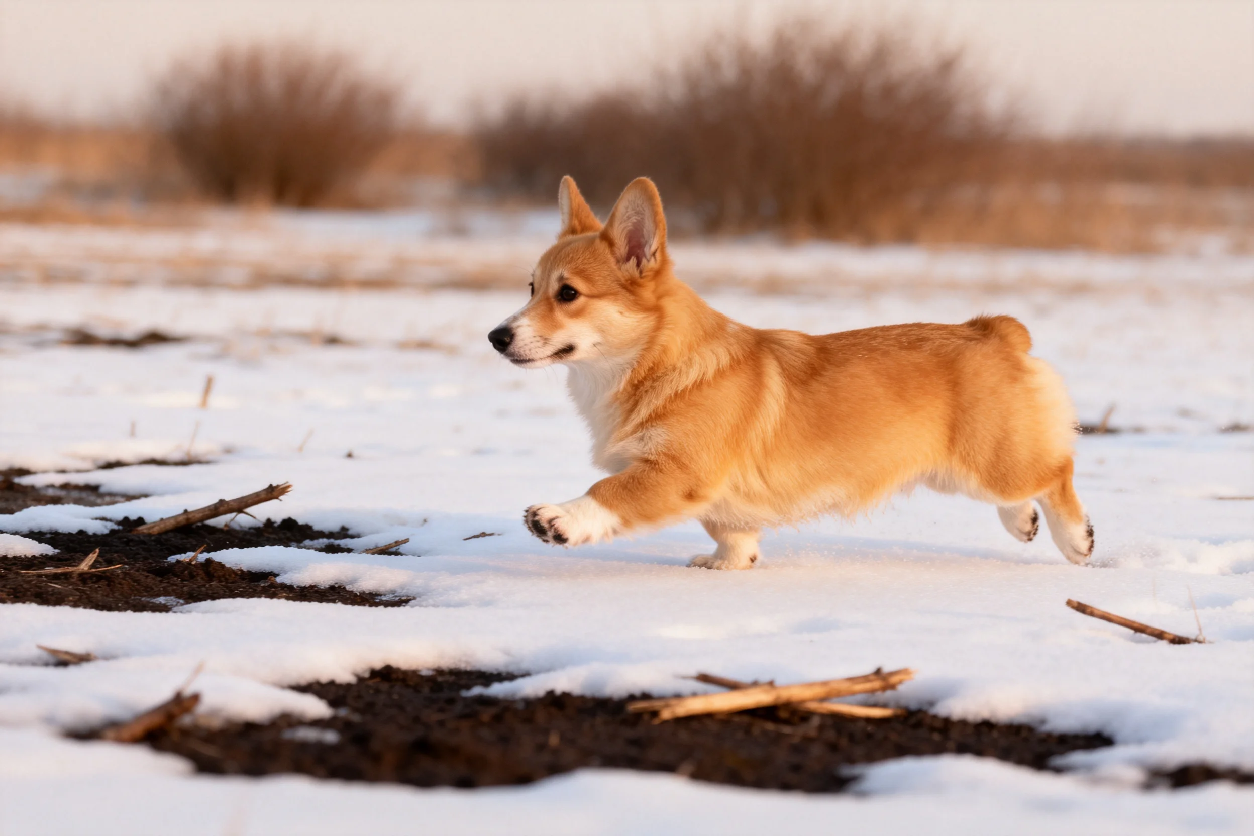一只柯基犬在积雪场地上奔跑,白色爪部清晰可见,金色被毛在阳光下闪闪发光。