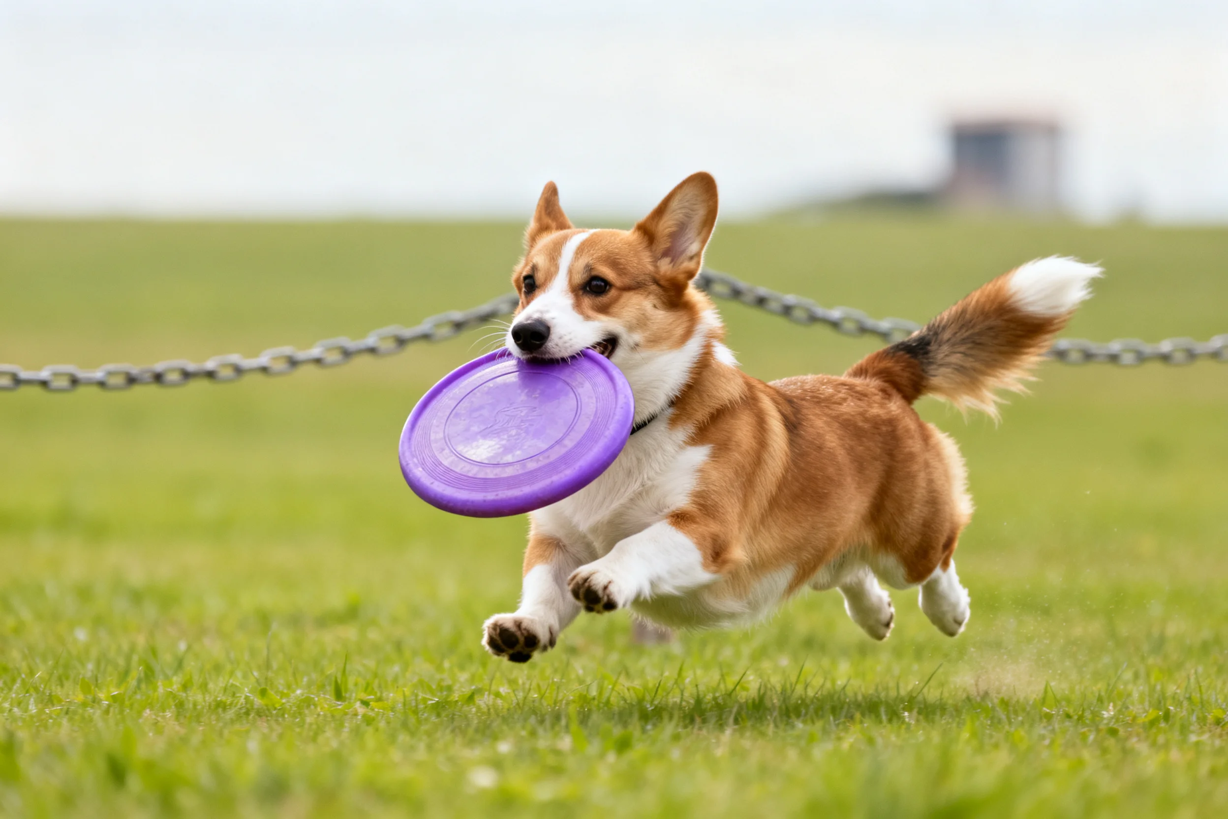 柯基犬叼着紫色飞盘奔跑,浅棕色与白色相间的毛发在运动中显得十分灵动。