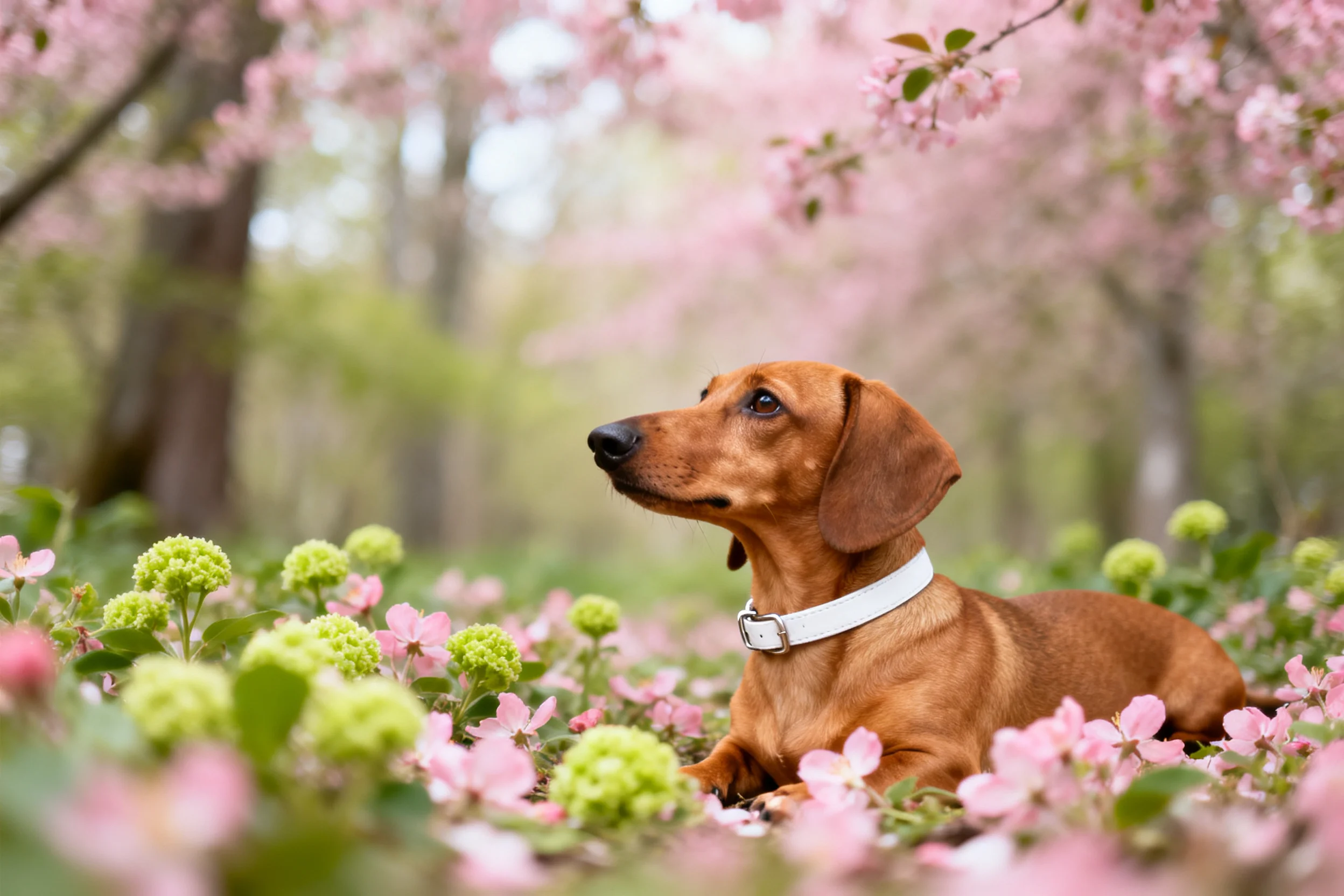 腊肠犬安静地躺着,棕褐色短毛顺滑,白色项圈清晰可见,周围环绕着粉色花朵和绿色花丛。