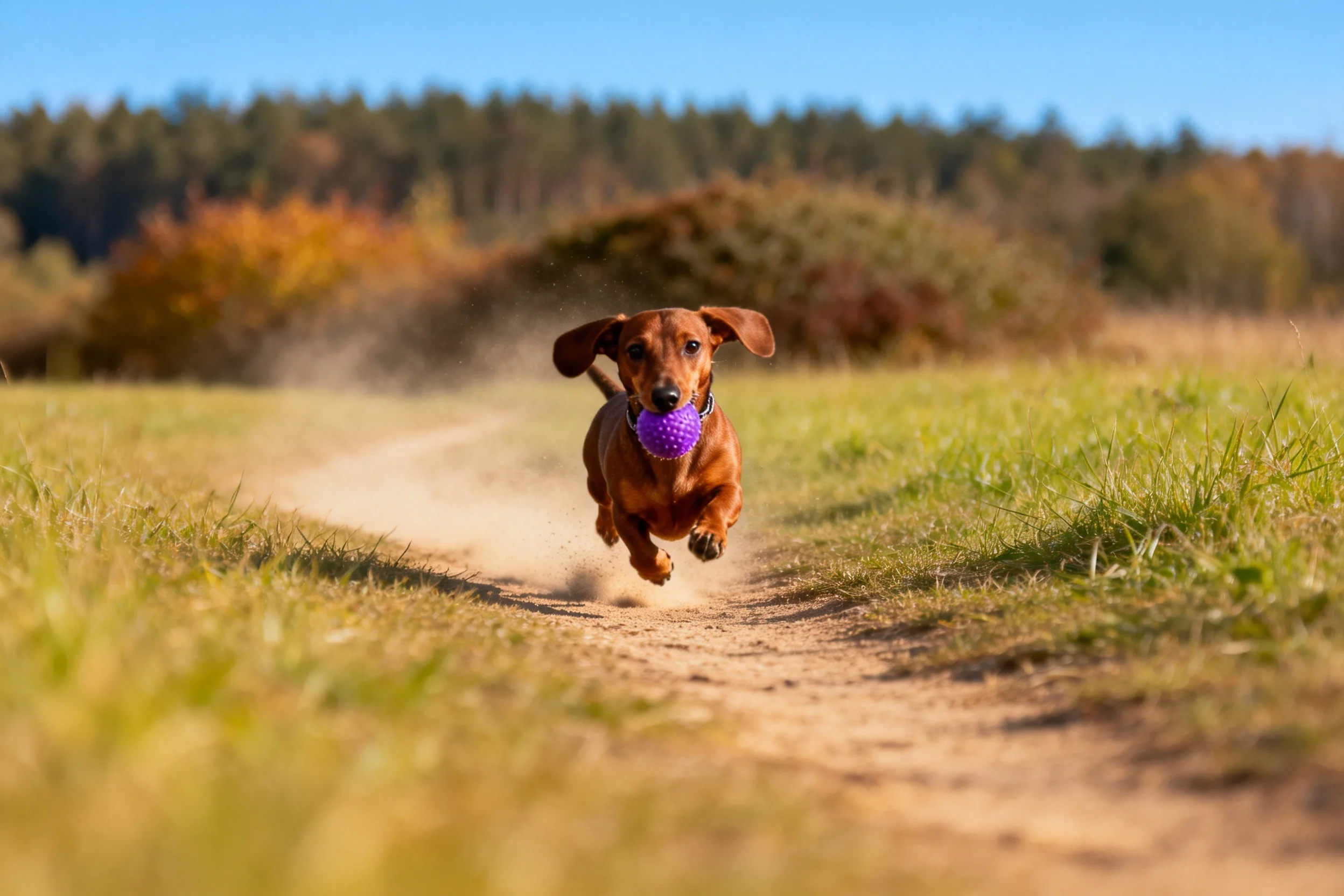一只腊肠犬口中叼着紫色球在土路上奔跑,红褐色被毛在阳光下显得格外醒目。