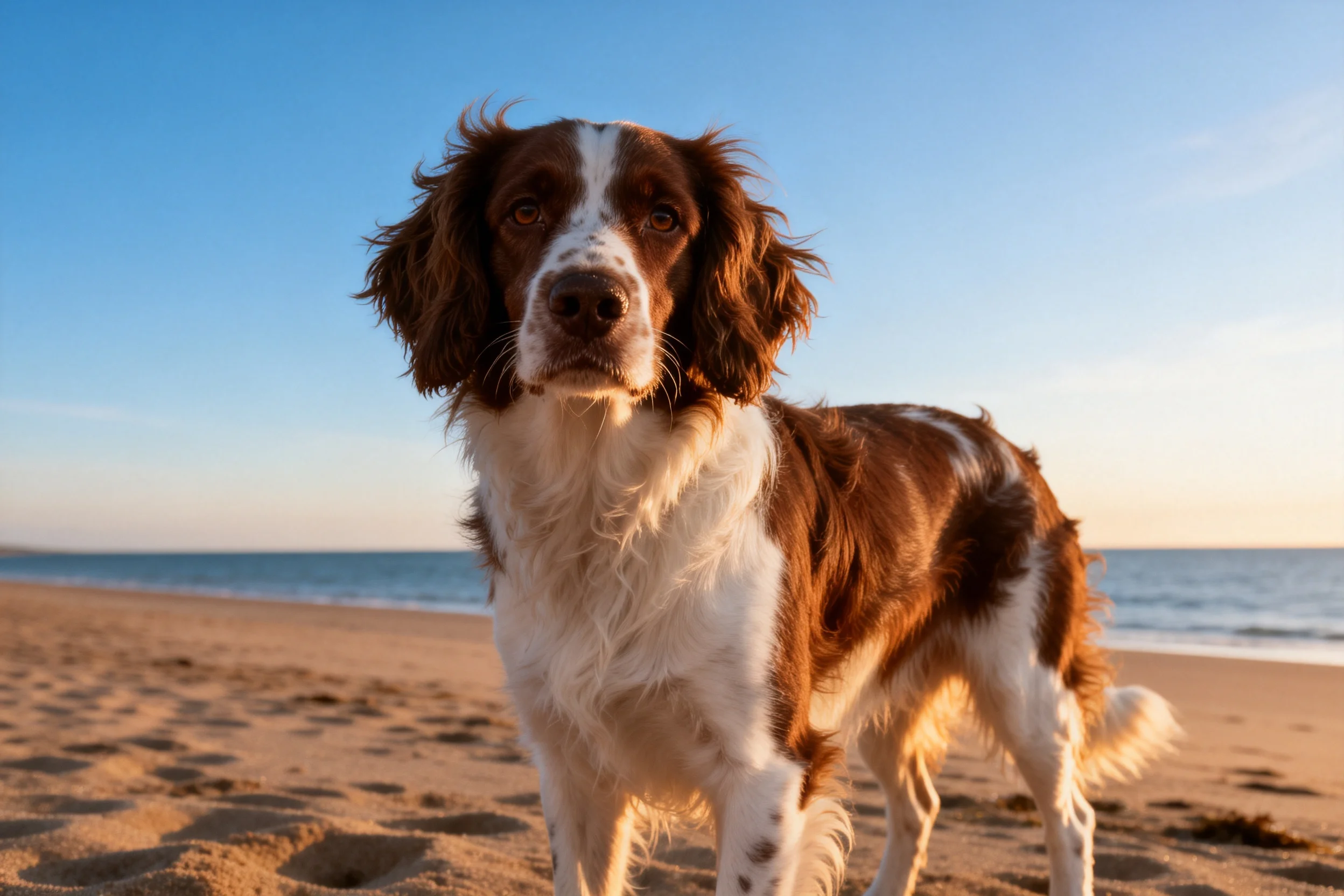 英国史宾格犬站立在沙滩上,棕白相间的被毛清晰可见,耳朵下垂。