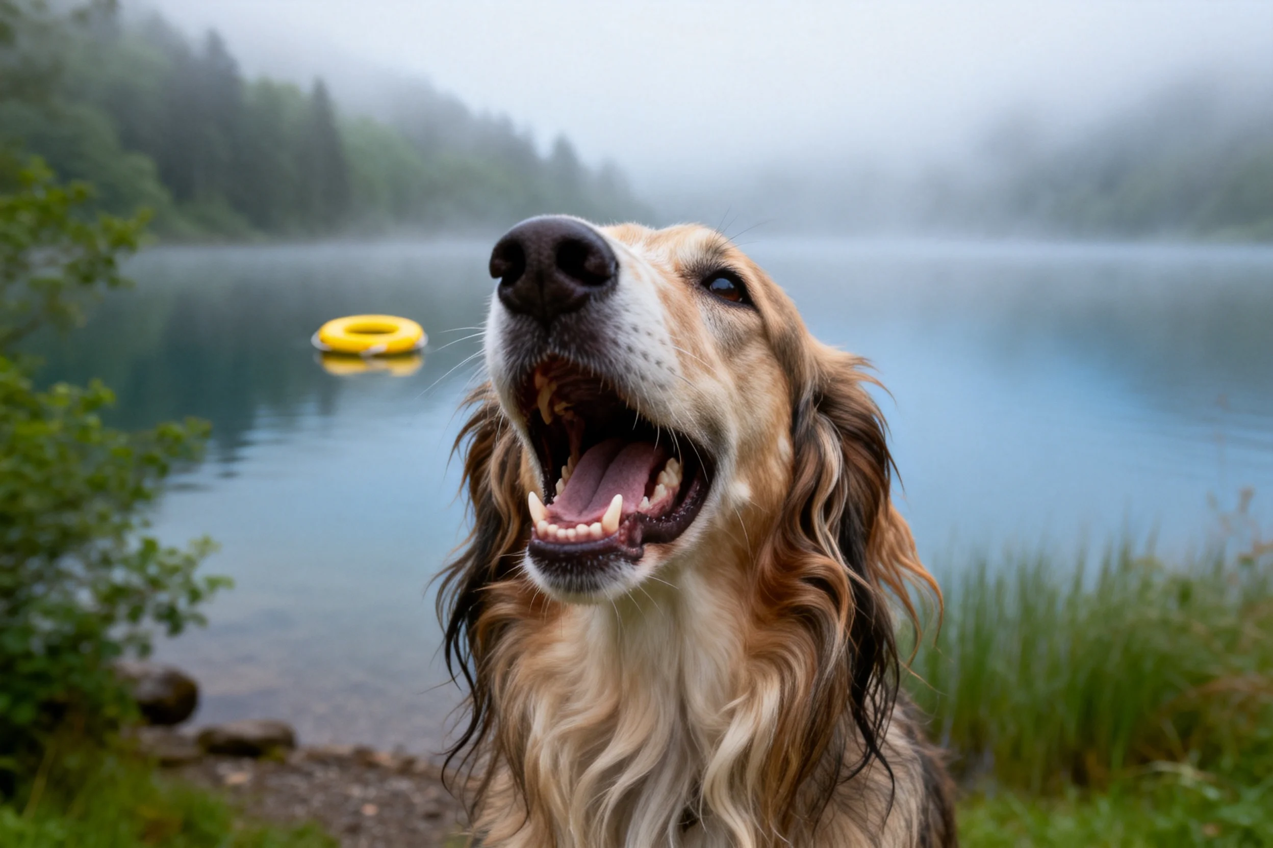 苏俄猎狼犬嘴巴张开,露出洁白的牙齿和湿润的口腔内部。