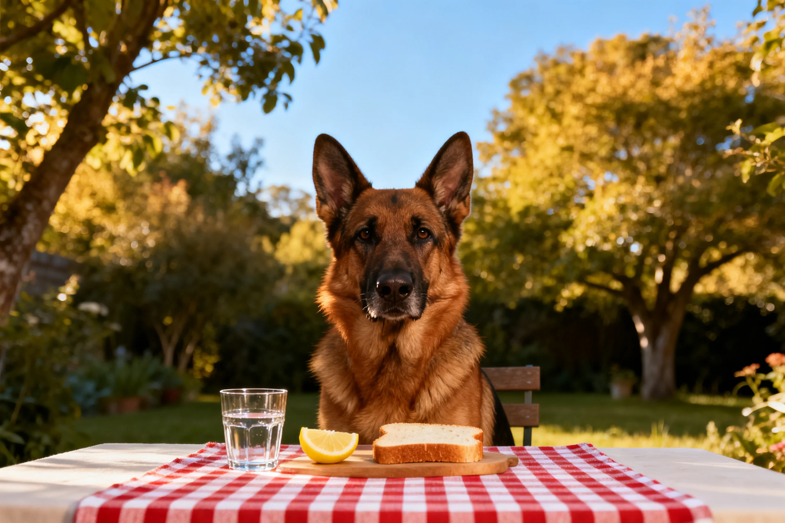 德国牧羊犬双耳竖立注视前方,棕褐被毛清晰可见,眼神平静。