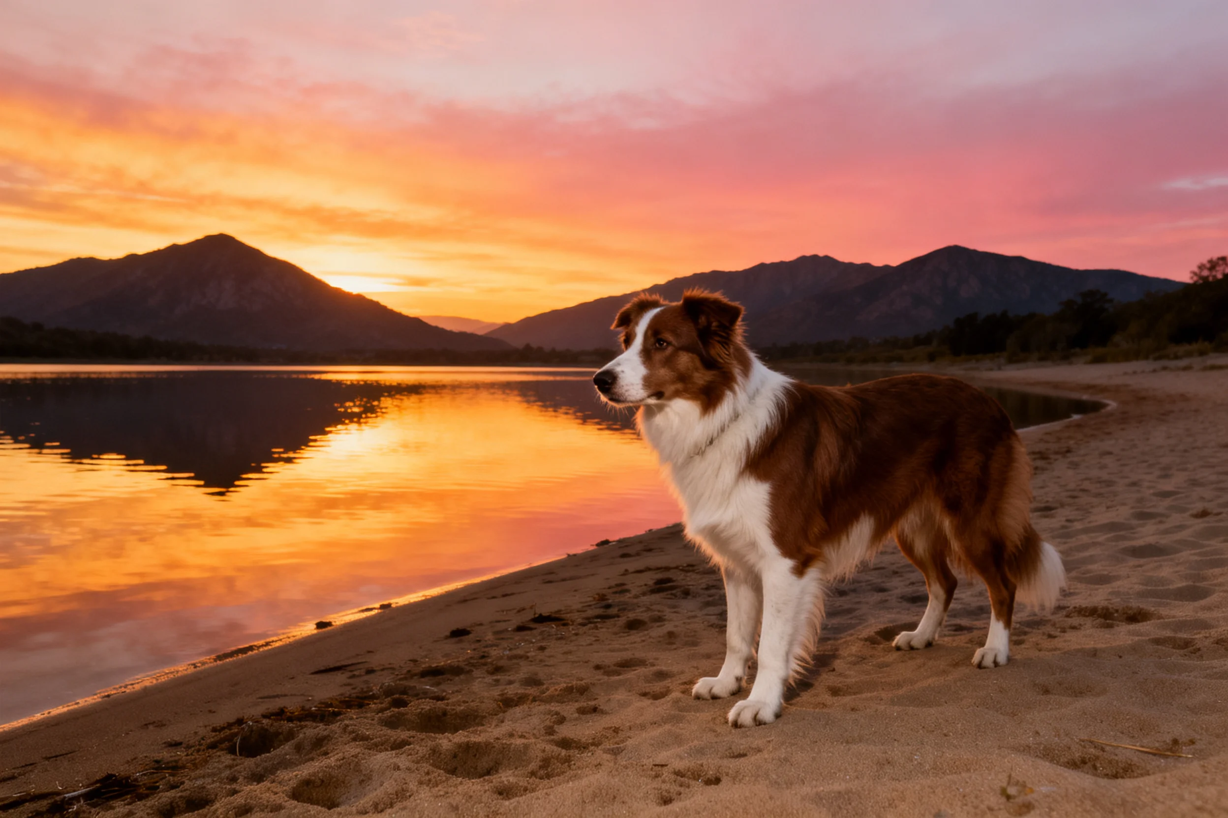 边境牧羊犬(棕白相间被毛)站立在沙滩上,目光望向远方,背景是平静的湖泊与晚霞。