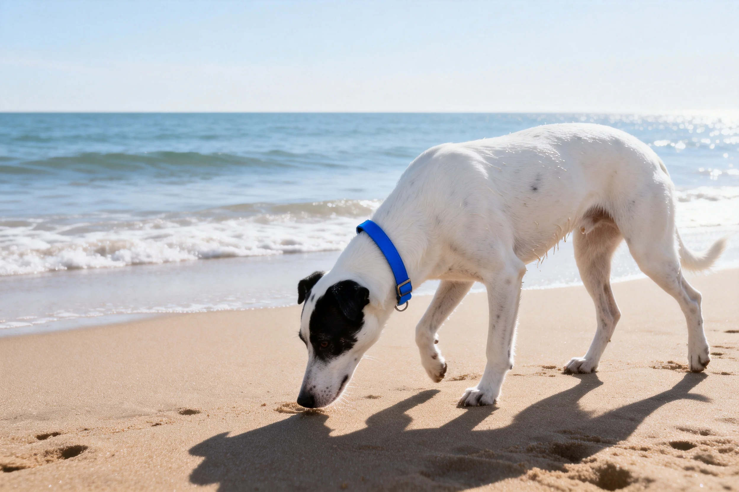 指示猎犬混种犬低头嗅探沙滩,白色毛发带有黑色斑纹,蓝色项圈清晰可见。