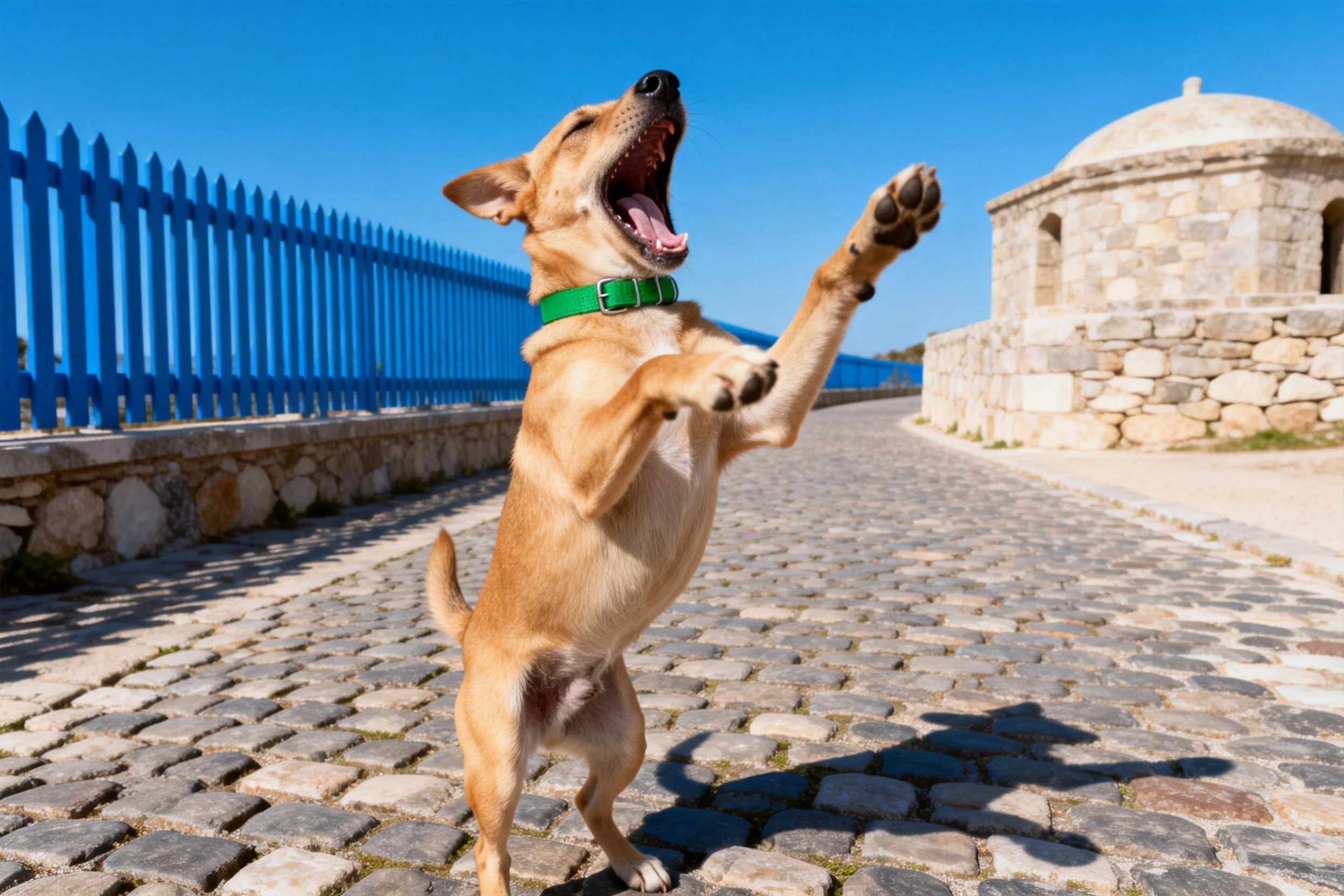 一只小型短毛犬站立张嘴,浅棕色被毛在阳光下清晰可见。