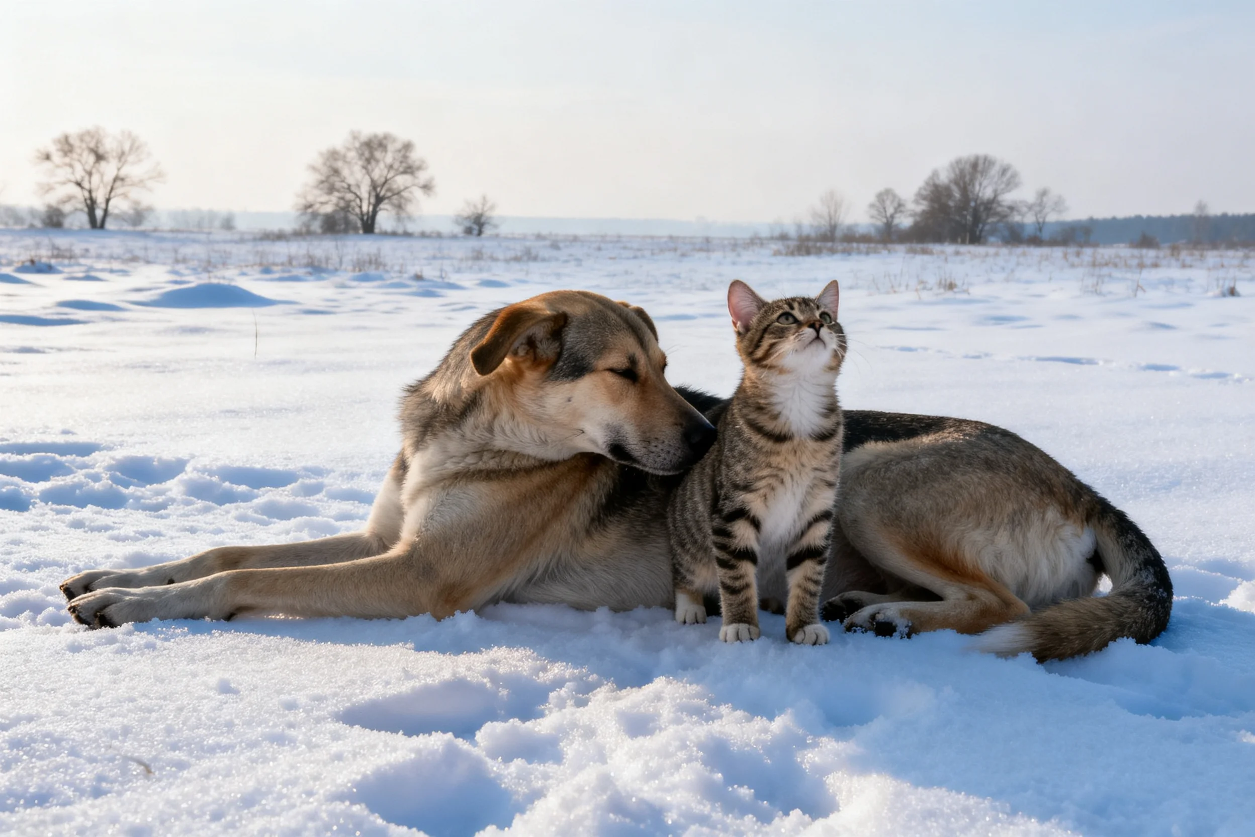 中型工作犬与短毛虎斑猫并肩而坐,狗身浅棕带斑纹,猫有典型虎斑条纹,毛发紧贴身体。
