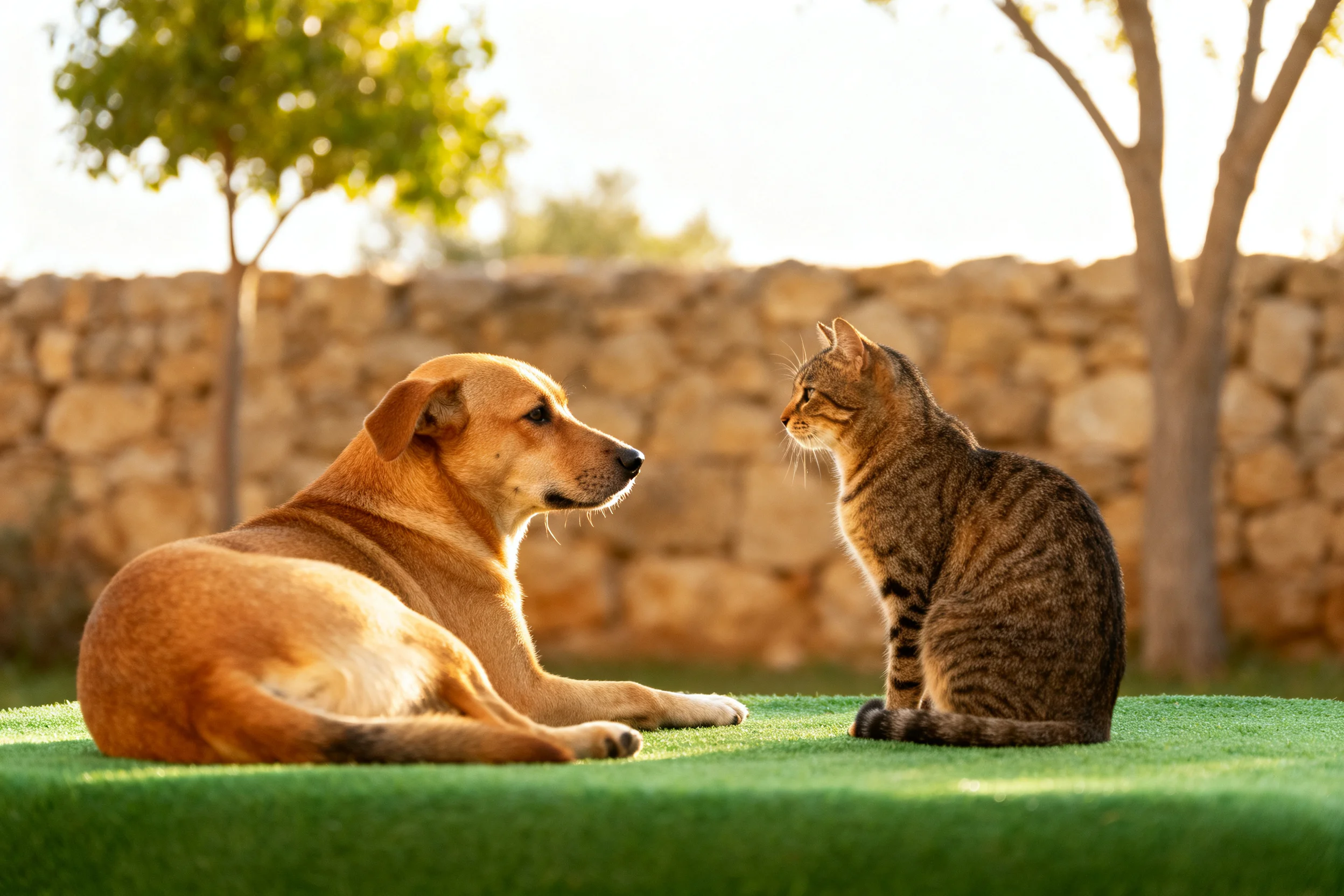 浅棕色短毛犬与斑纹短毛猫在绿色草坪上安静对视,阳光照射下毛发显得柔软顺滑。