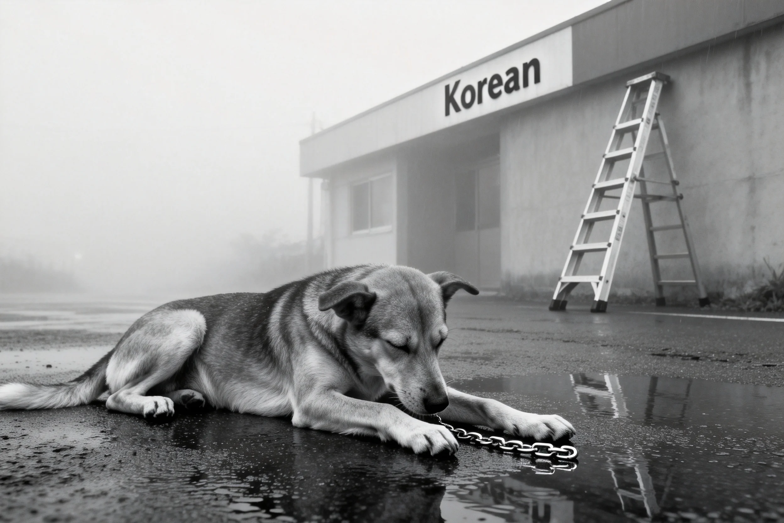 中型混血牧羊犬安静地趴在潮湿地面上,浅棕与深灰相间的皮沾着水汽,头部轻触铁链。