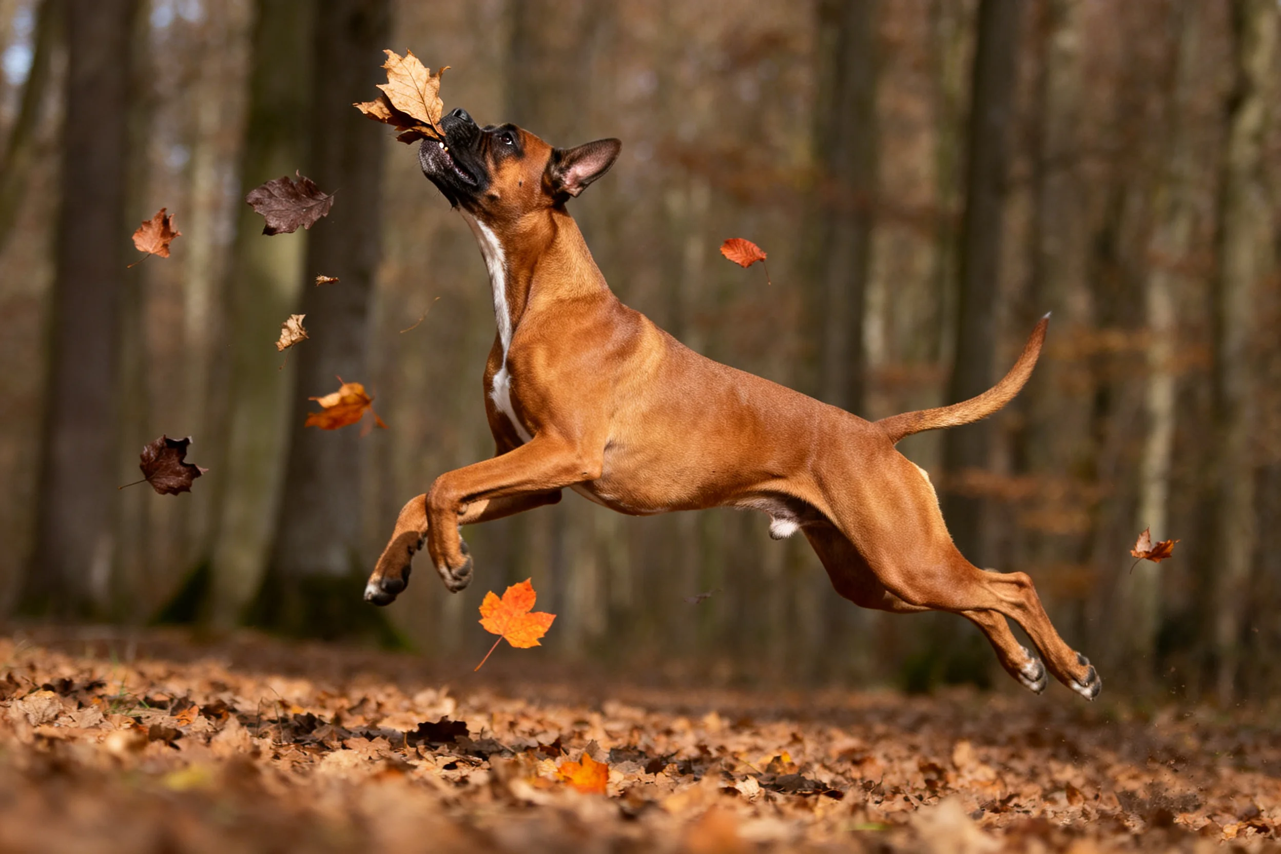 一只棕色拳师犬正跃起叼着秋叶,短毛紧绷且富有弹性。