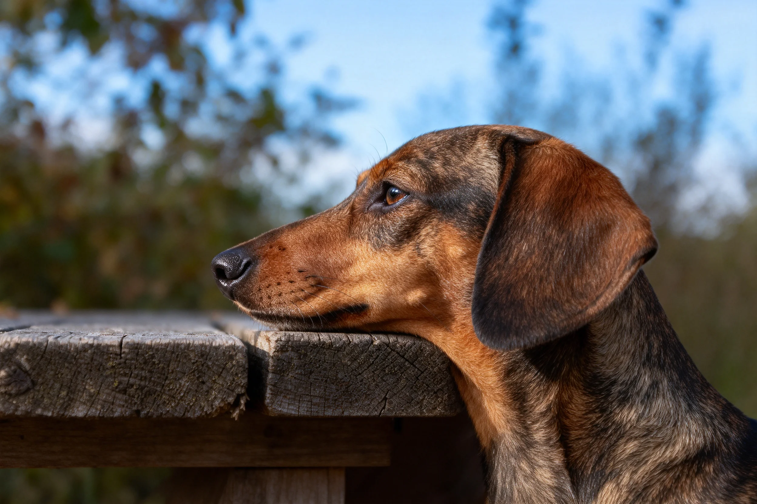 腊肠犬将头部靠在木质桌沿处,毛发呈现出丰富的棕褐色纹理。