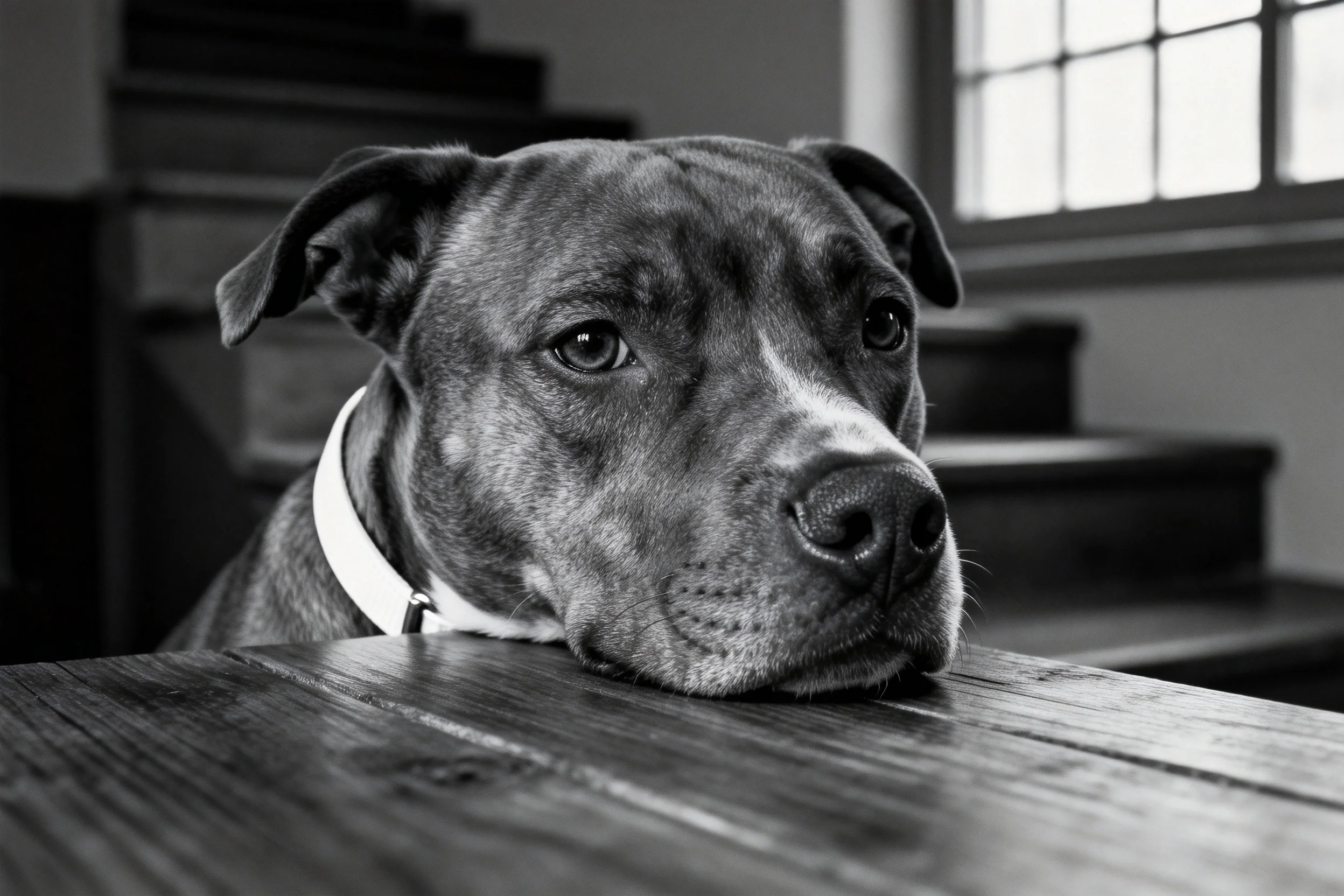 一只比特犬将头部靠在木质桌面上，眼部周围有白色斑纹，毛发短而紧凑。